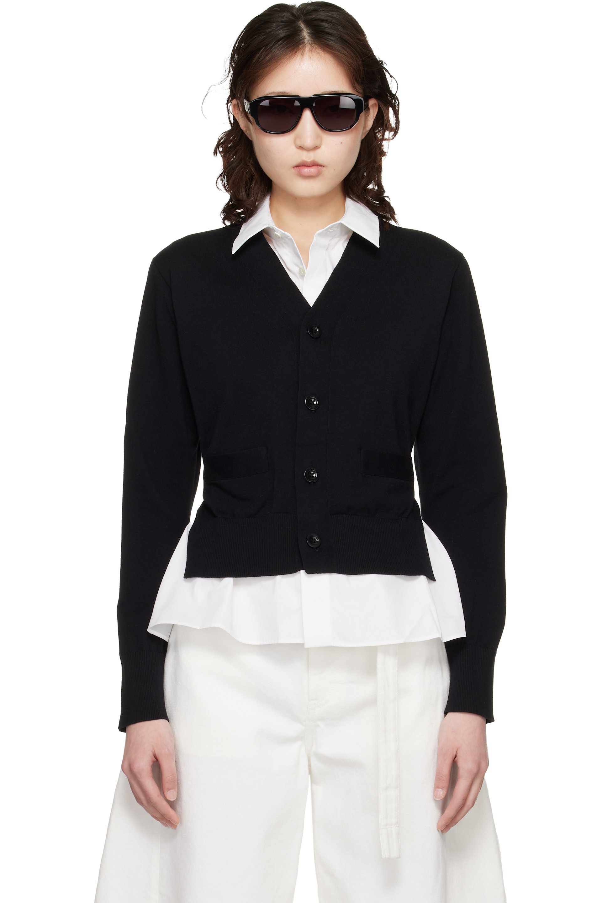 sacai - Cardigan noir et blanc en tricot et en popeline de coton