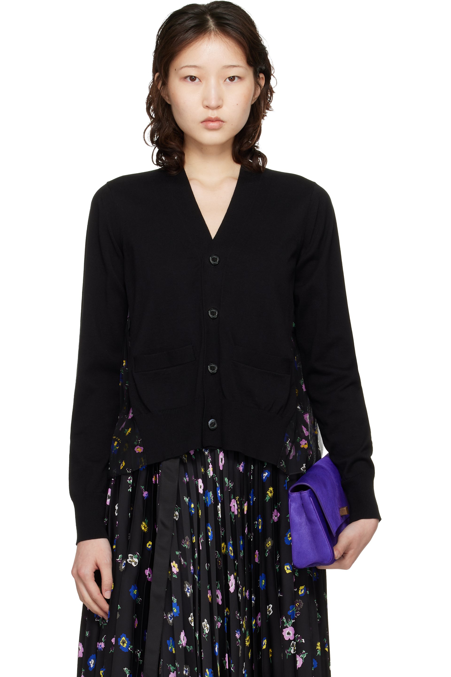sacai - Cardigan noir en tricot de coton à motif fleuri