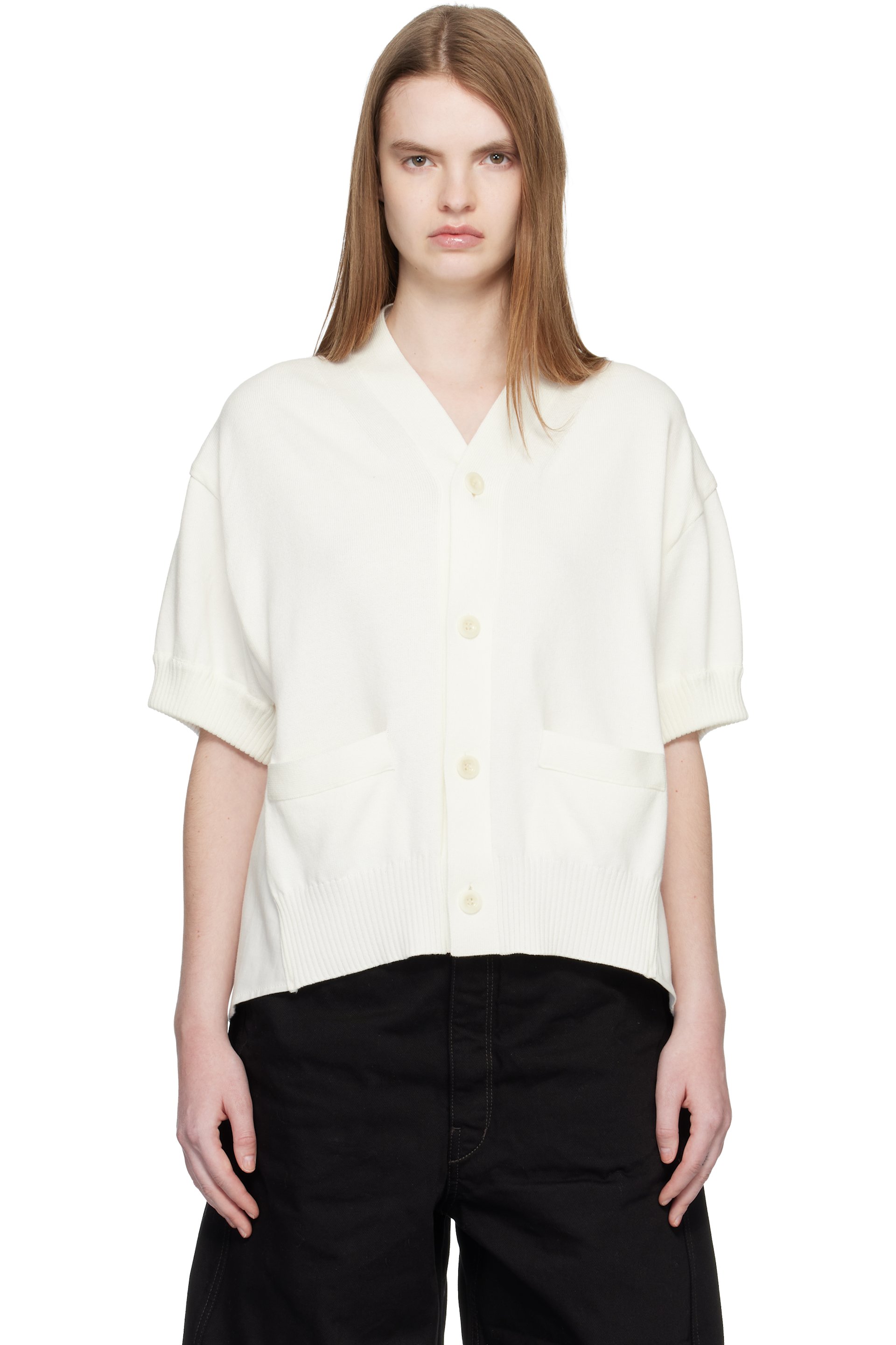 sacai - Cardigan blanc en denim et en tricot