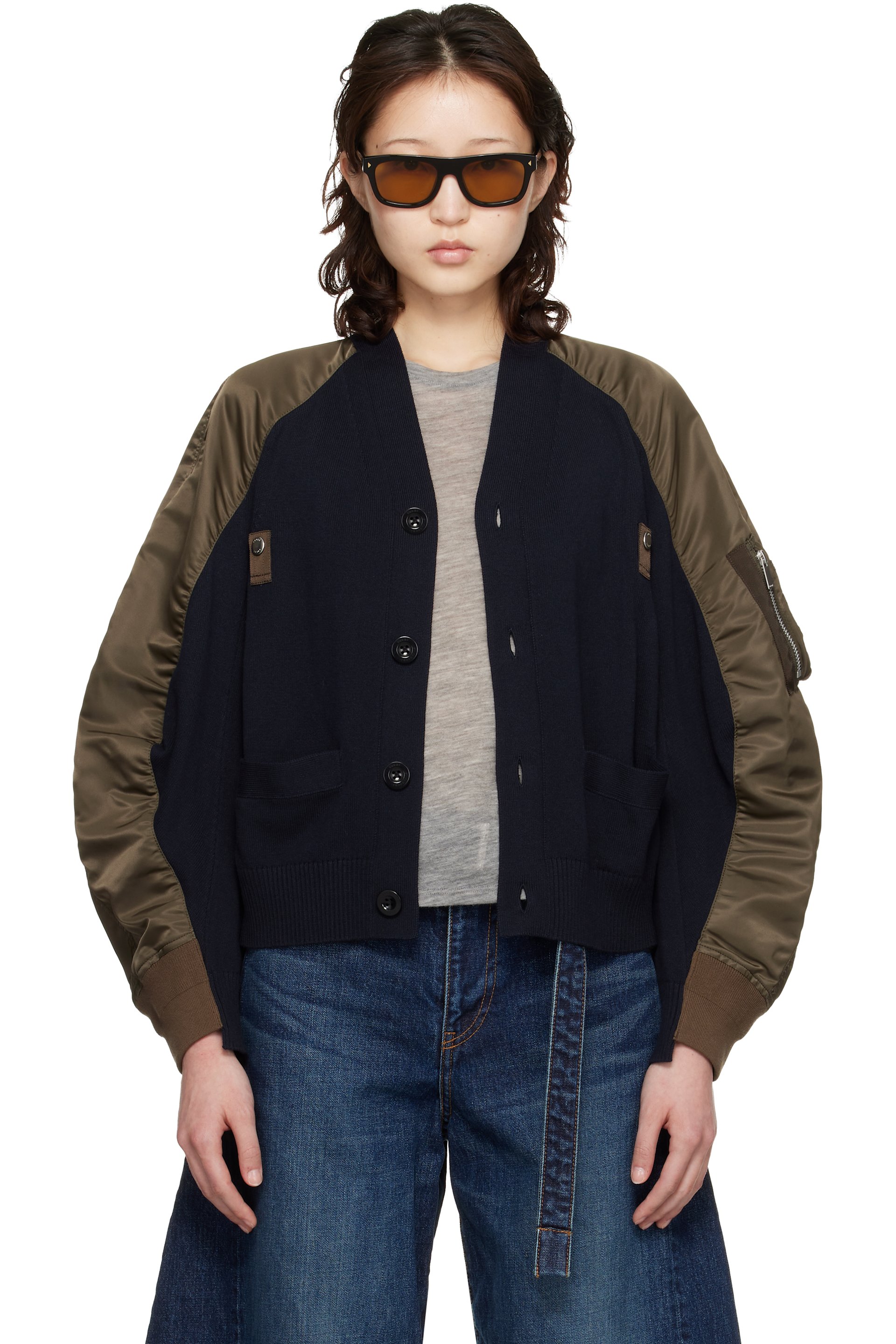 sacai: Green & Navy Nylon Twill Knit Cardigan | SSENSE
