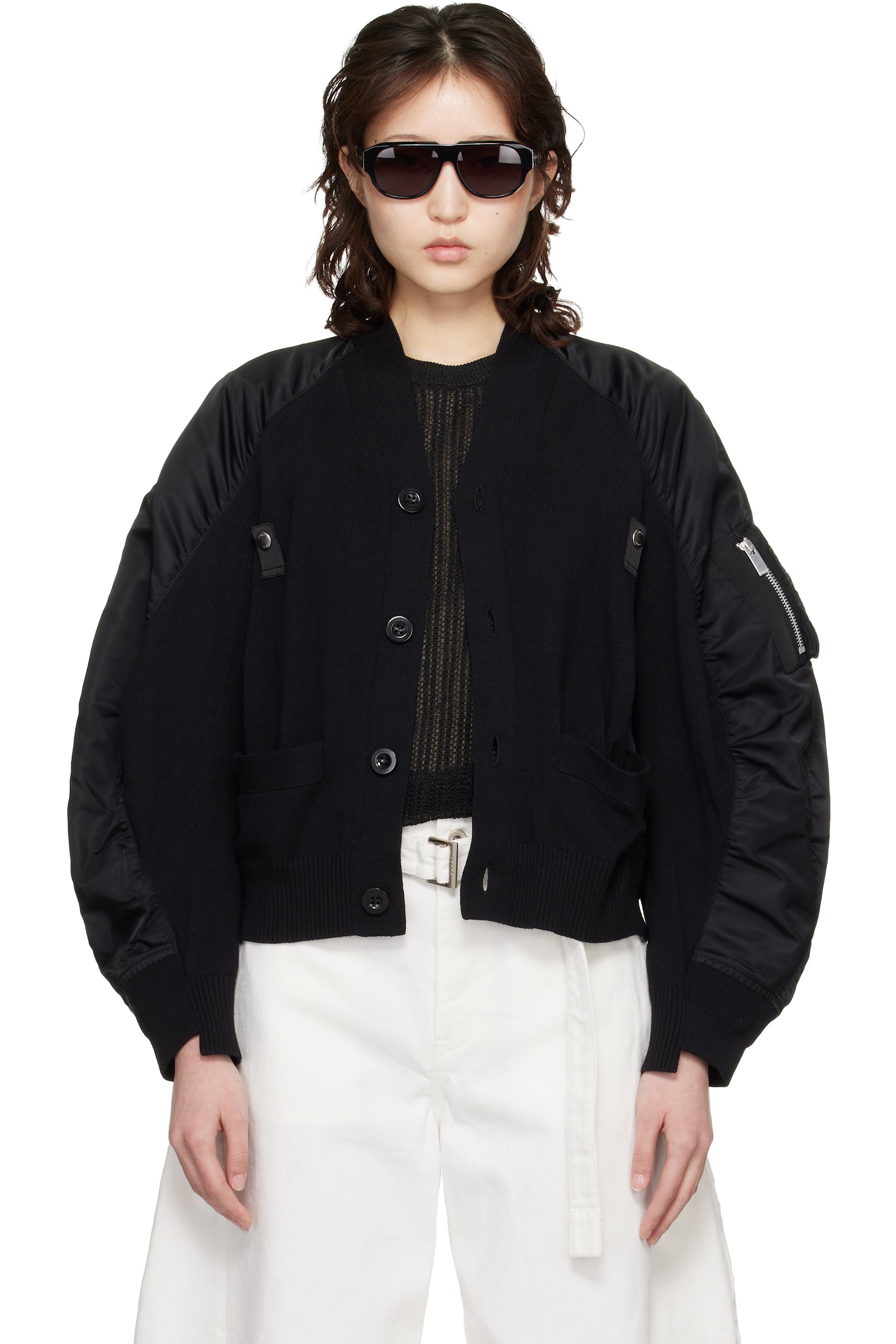 sacai - Cardigan noir en sergé de nylon et en tricot