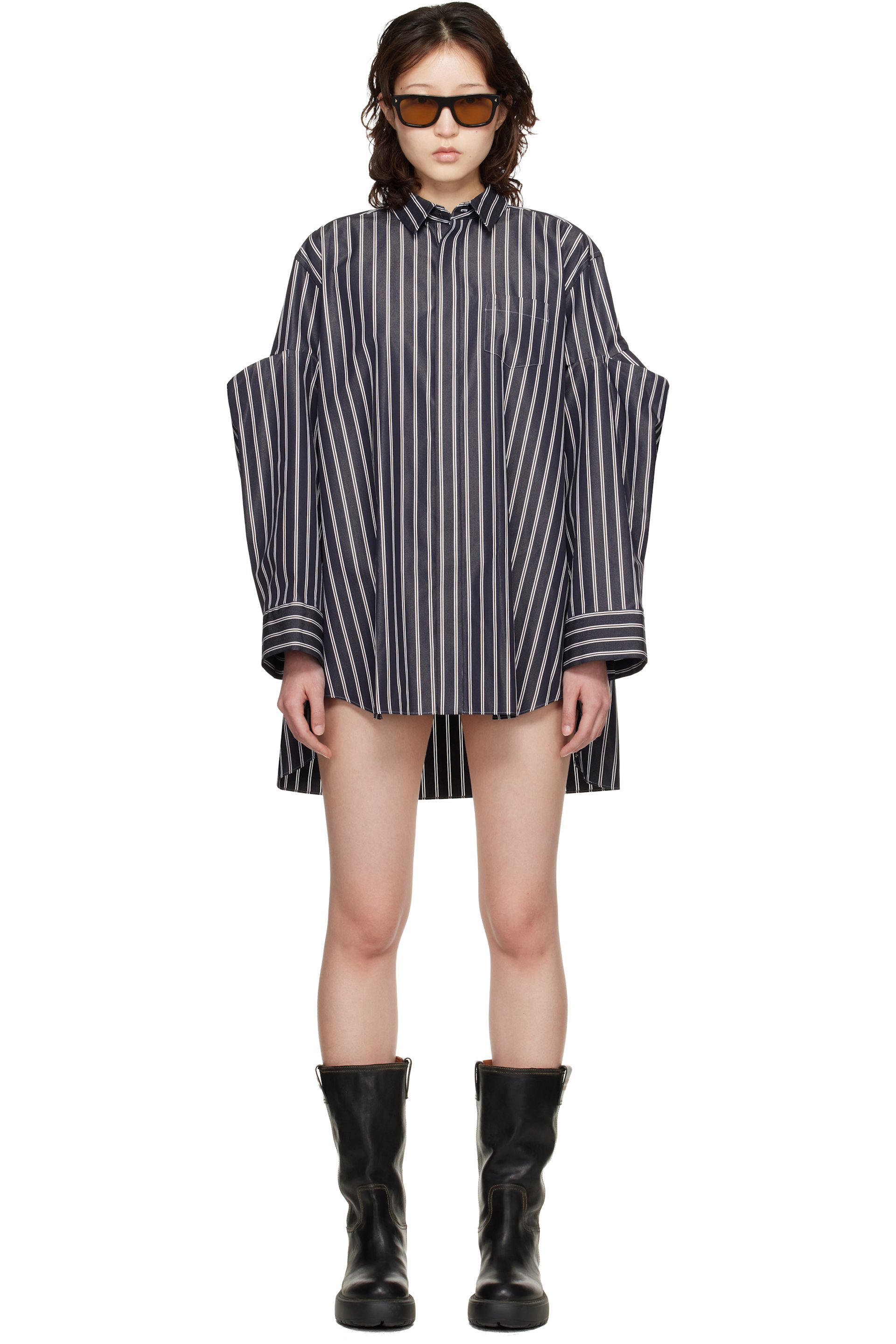 sacai - Robe chemise courte bleu marine en popeline