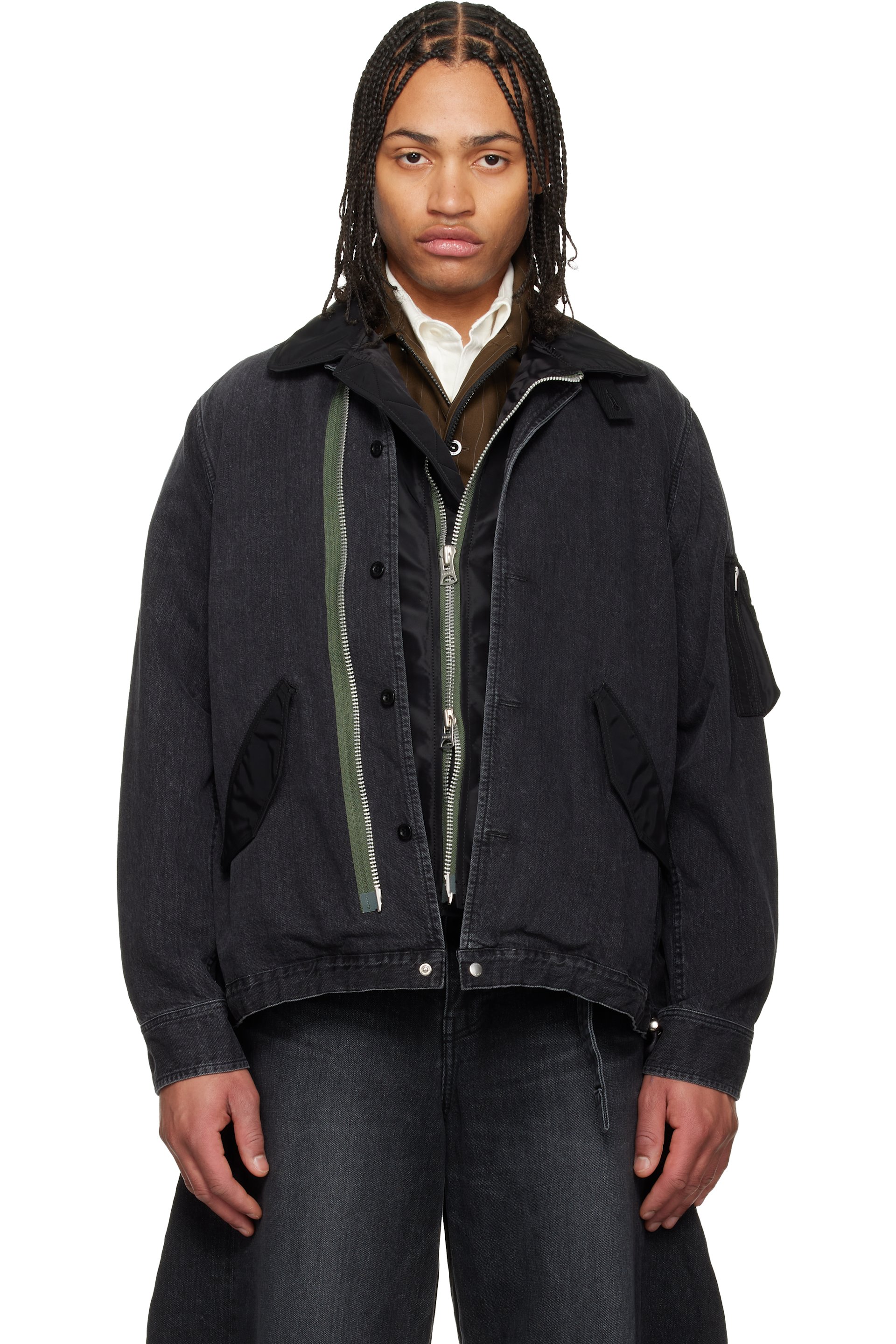 sacai: Black Nylon Twill Denim Jacket | SSENSE sacai: Black Nylon Twill Denim Jacket | SSENSE