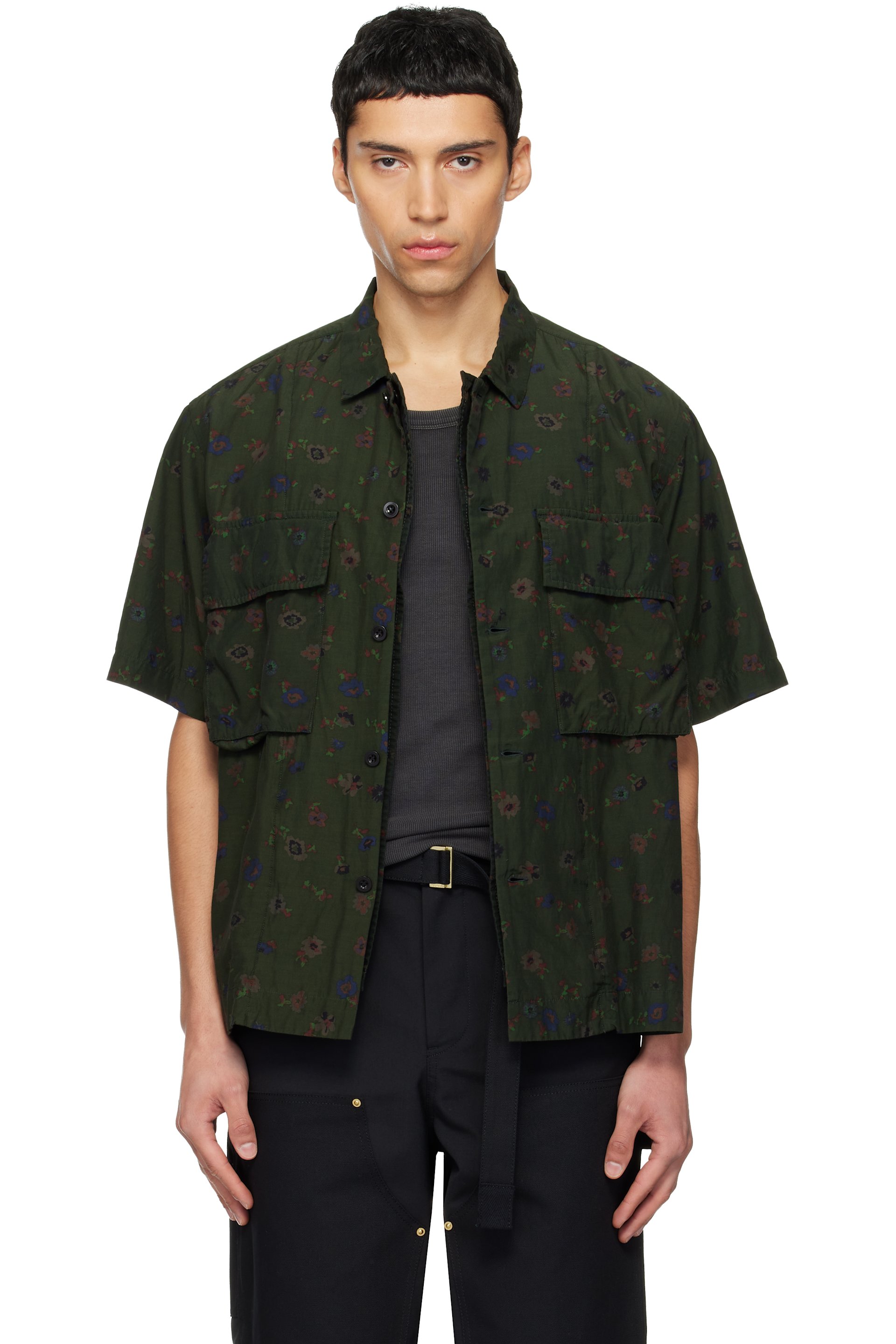 sacai: Khaki Overdyed Floral Print Shirt | SSENSE