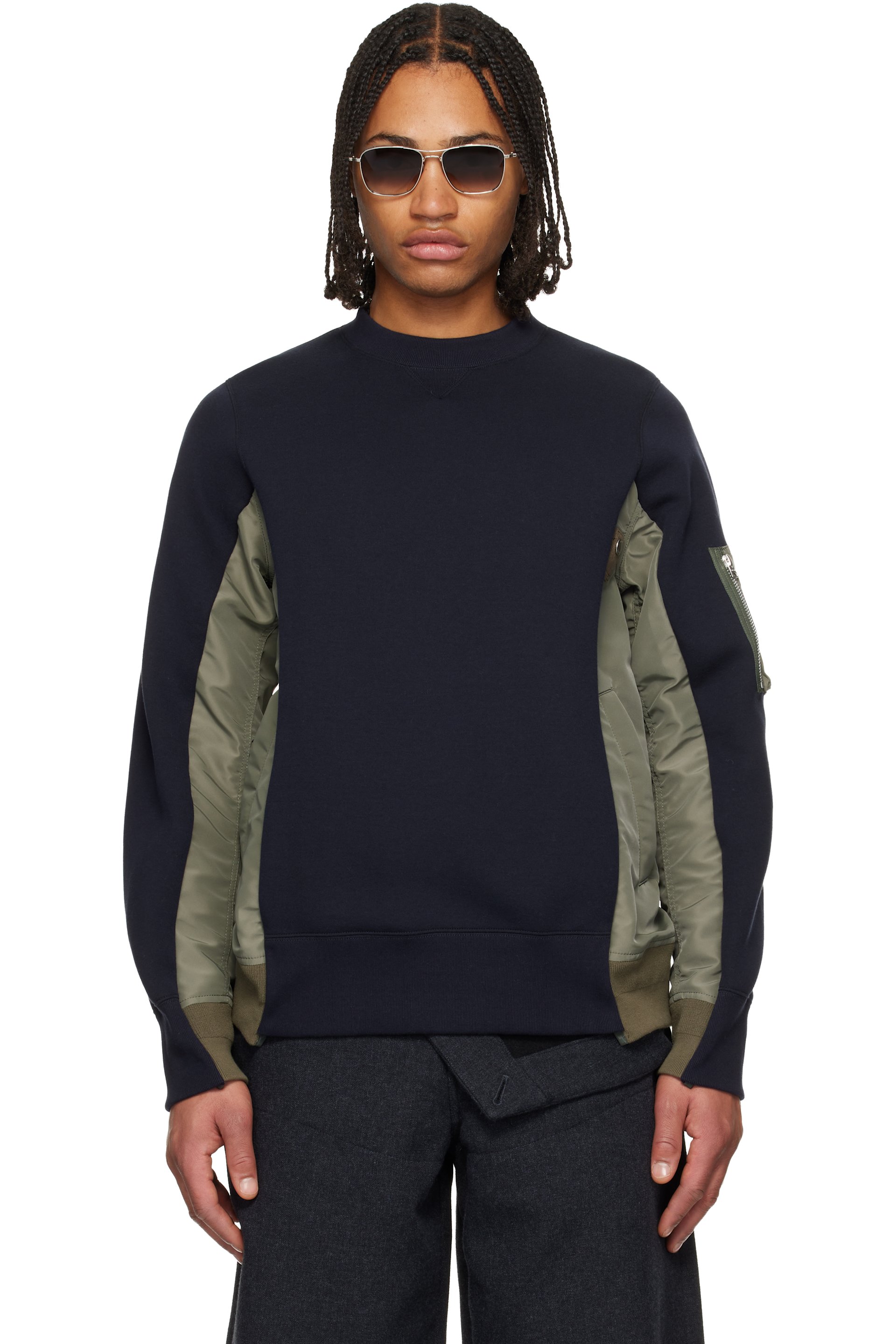 sacai: ネイビー＆カーキ Sponge Sweat & Nylon Twill スウェット
