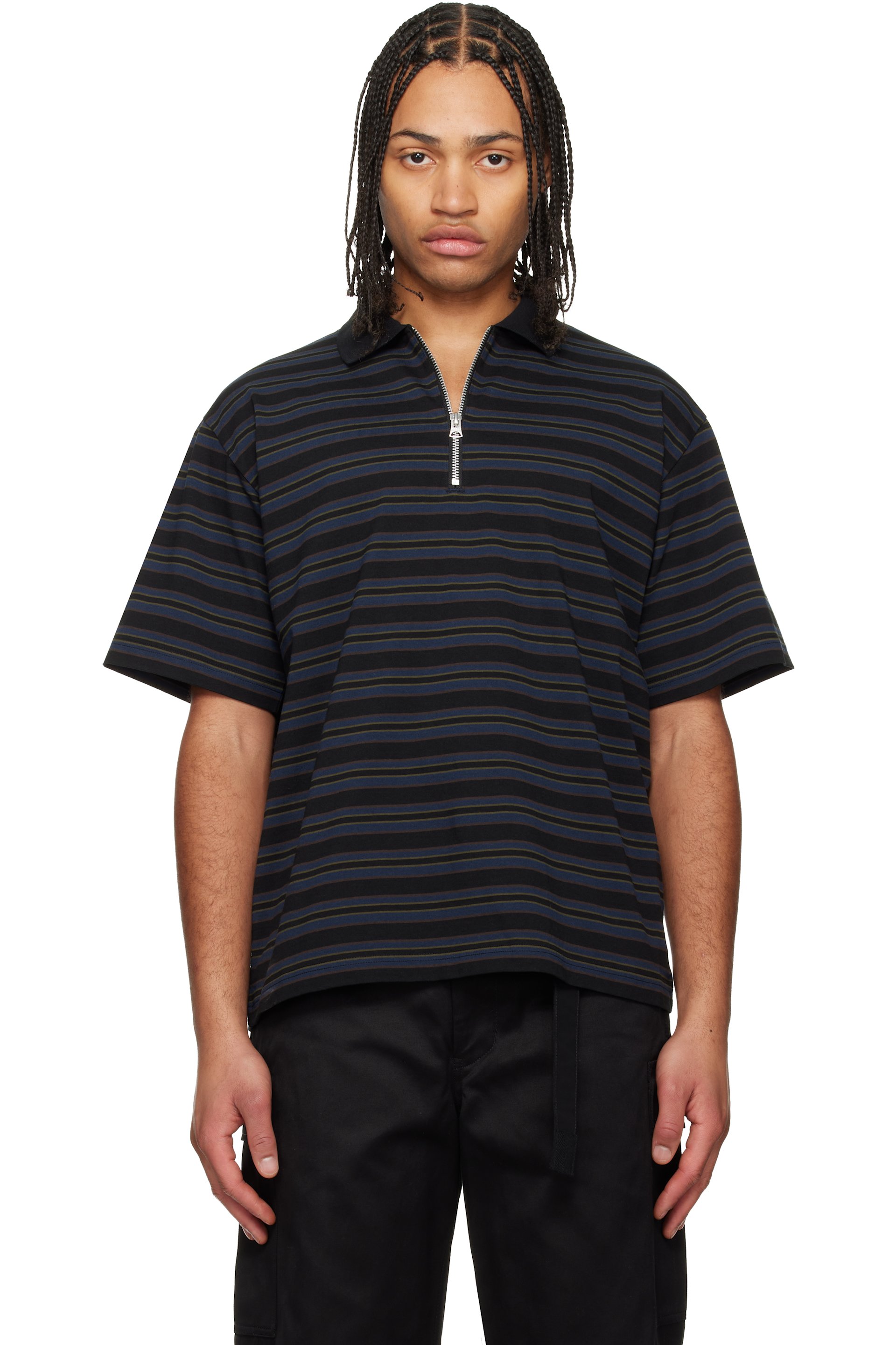sacai: Navy Horizontal Stripe Polo | SSENSE
