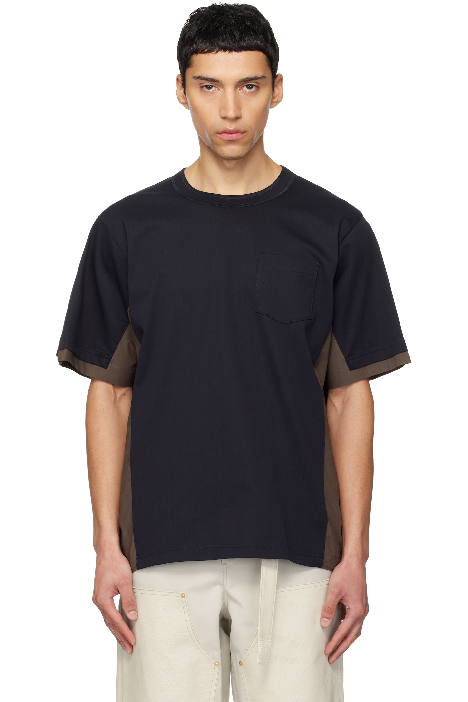 sacai - Navy & Taupe Cotton Typewriter & Cotton Jersey T-shirt