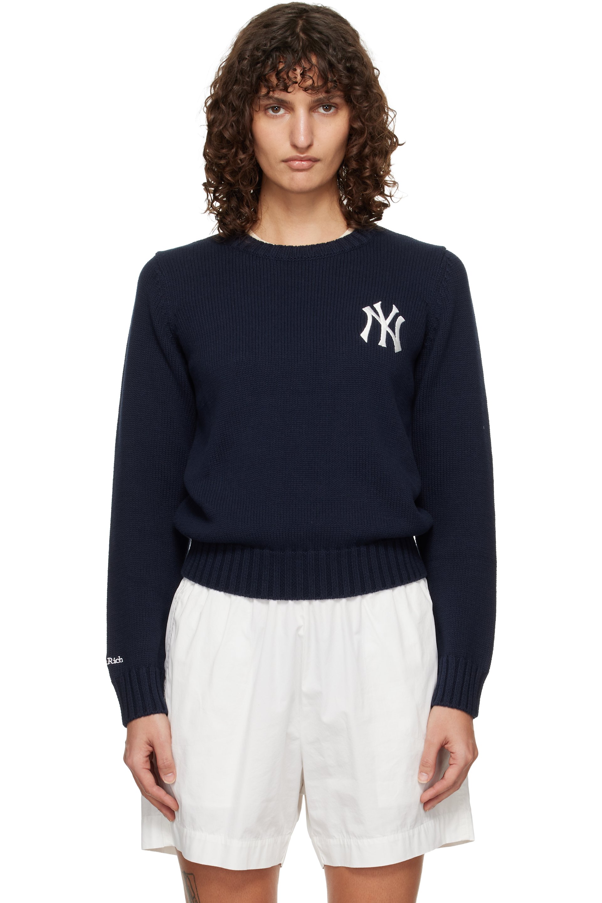 Sporty & Rich - Pull bleu marine en tricot à logos - Yankees