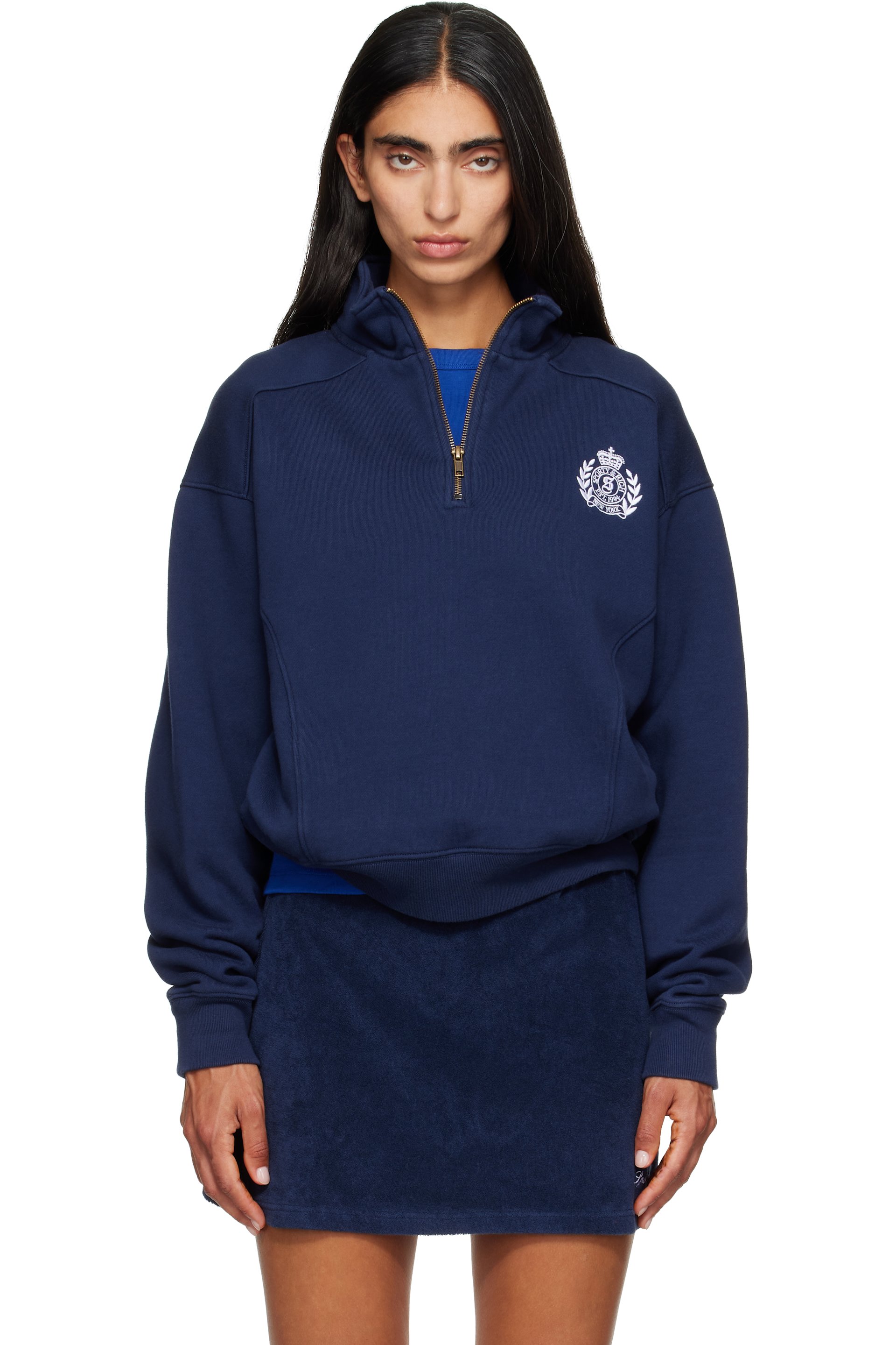 Sporty & Rich - Navy NY Crest Embroidered Quarter Zip Sweatshirt