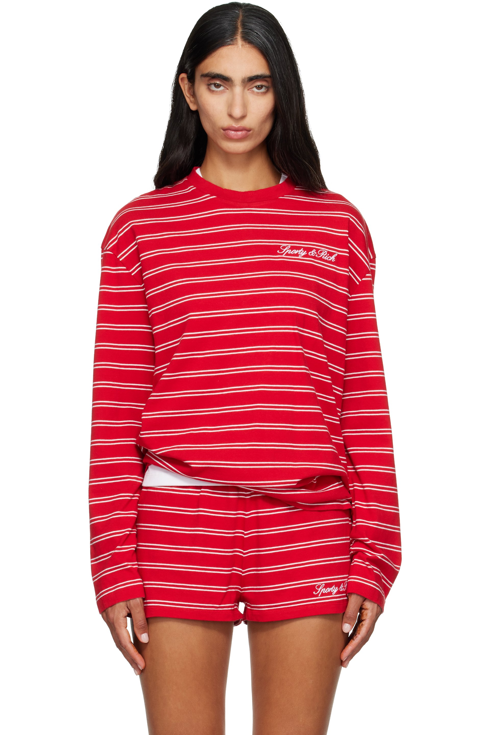 Sporty & Rich - 红色 Signature Logo Easy 长袖 T 恤