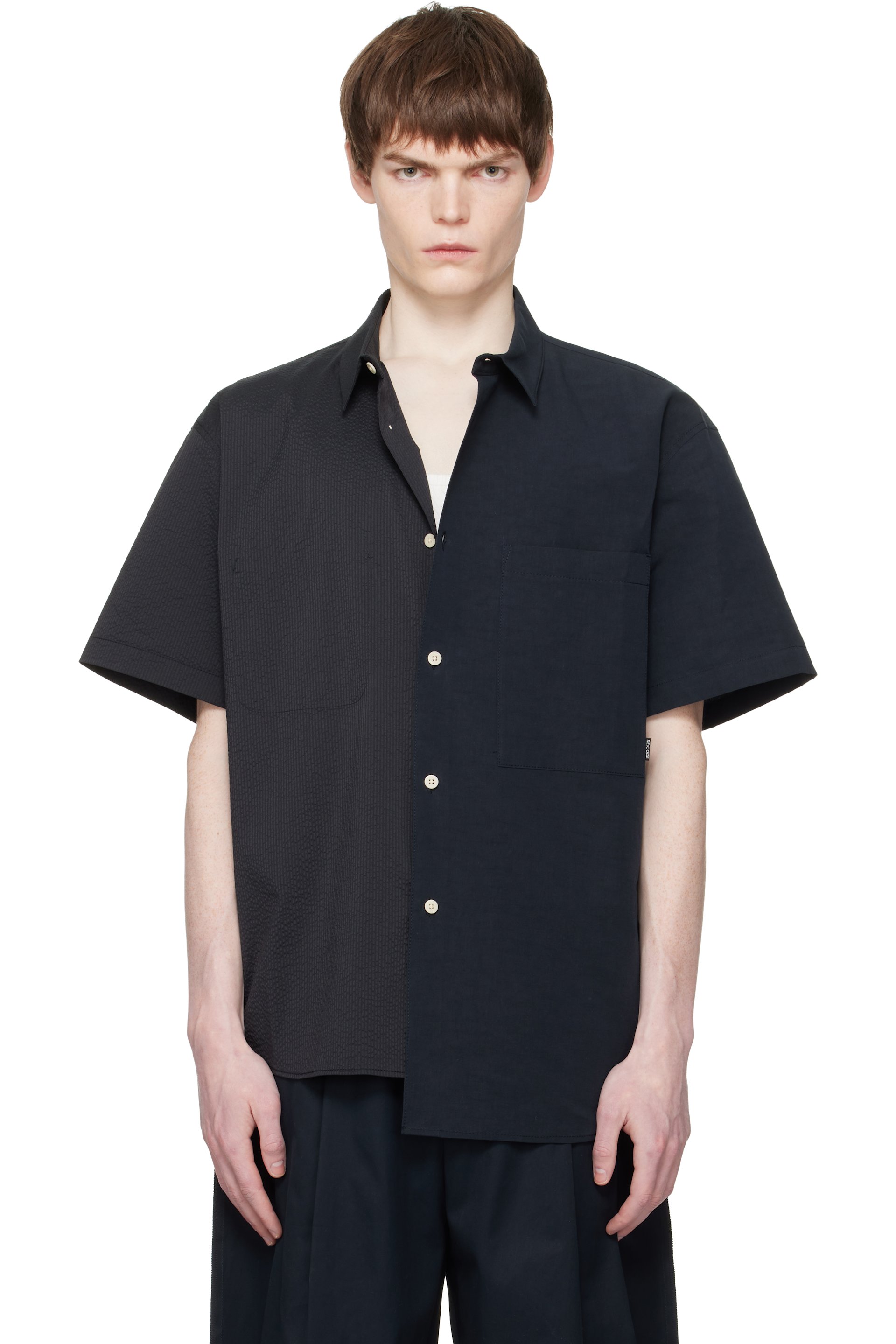 RE;CODE - Navy Split Short Sleeve Seersucker Shirt