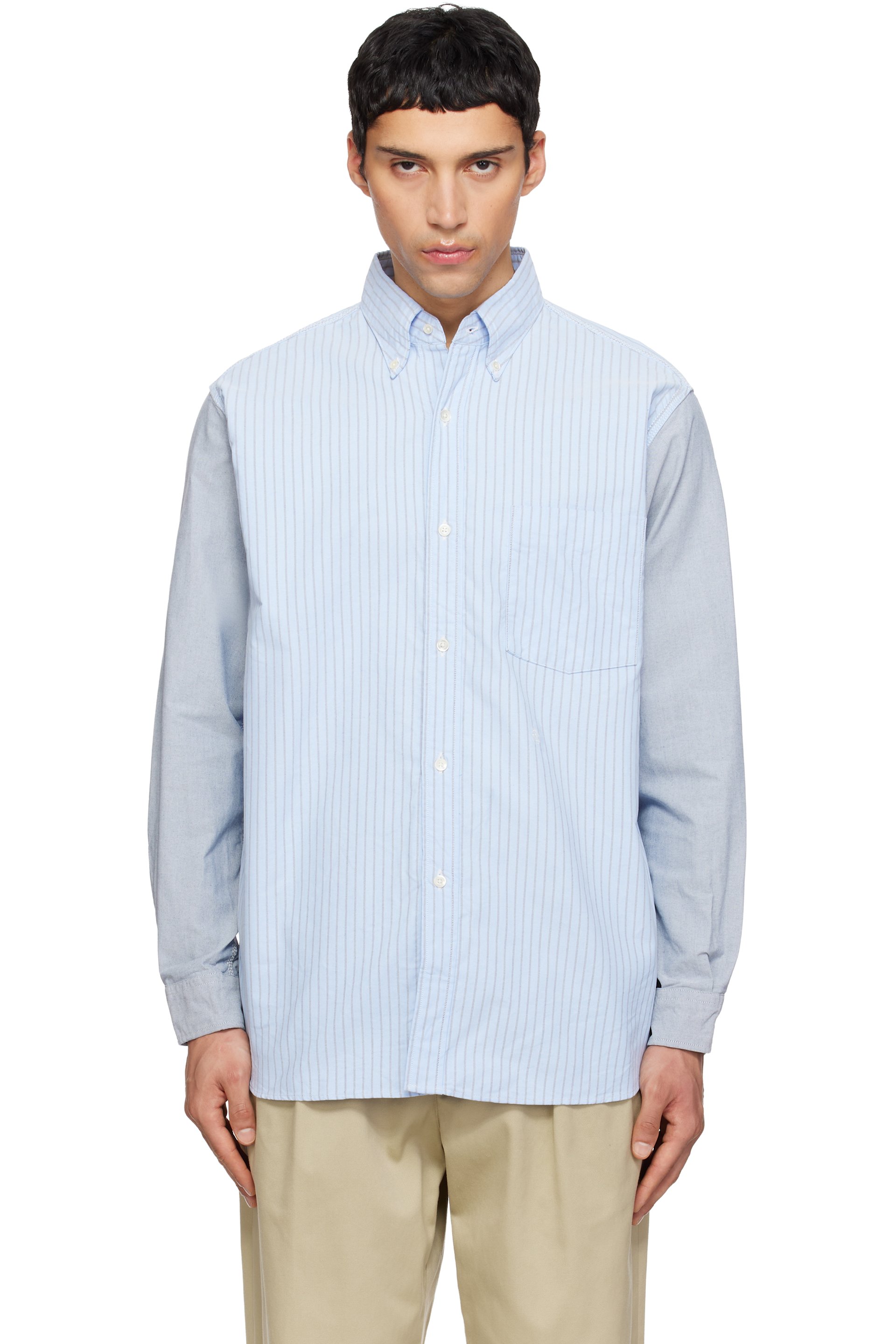 nanamica - Chemise Storm bleu et gris à boutons et à rayures