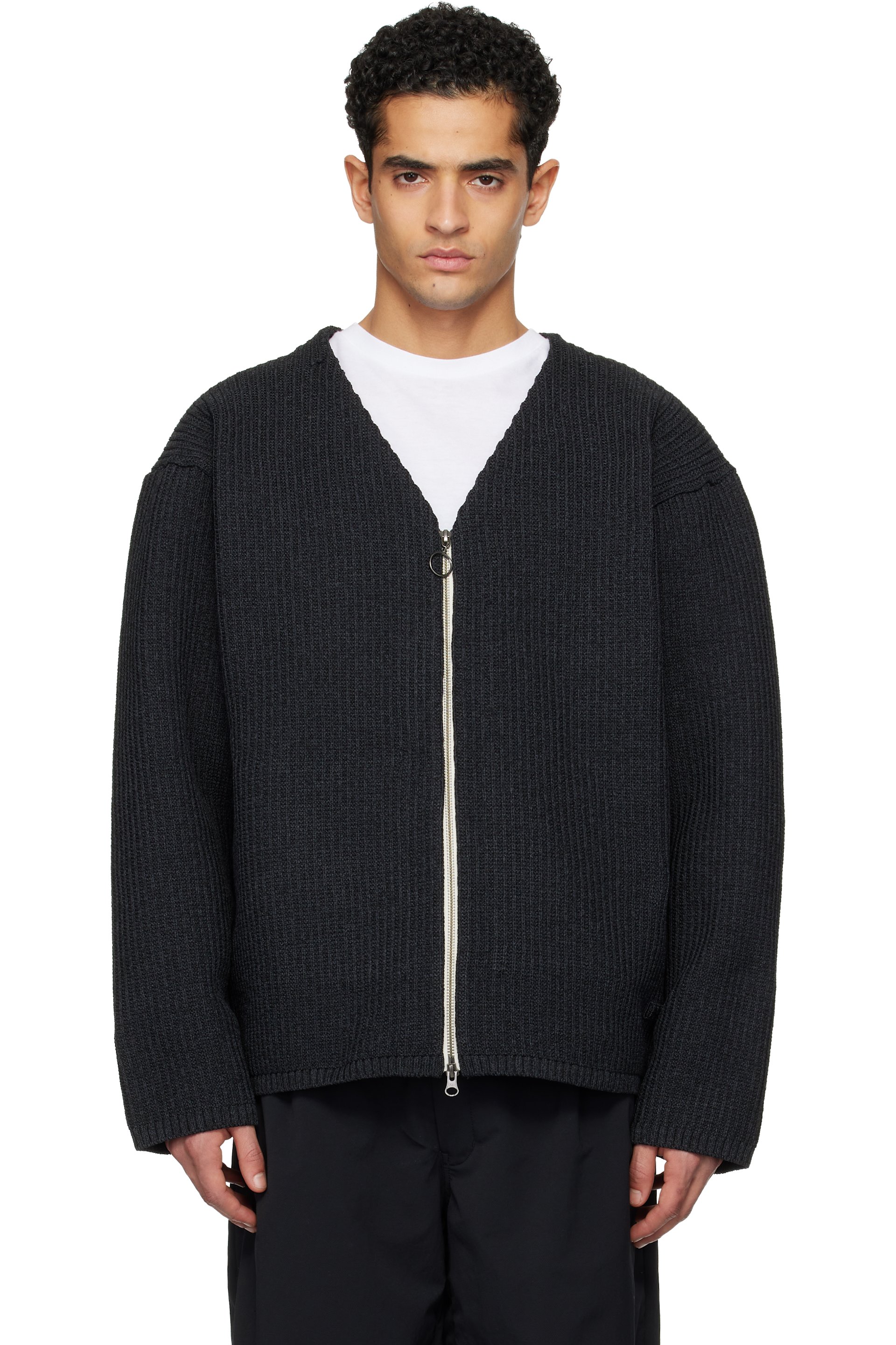 nanamica - Cardigan noir en tricot jauge 5 à glissière - OOAL