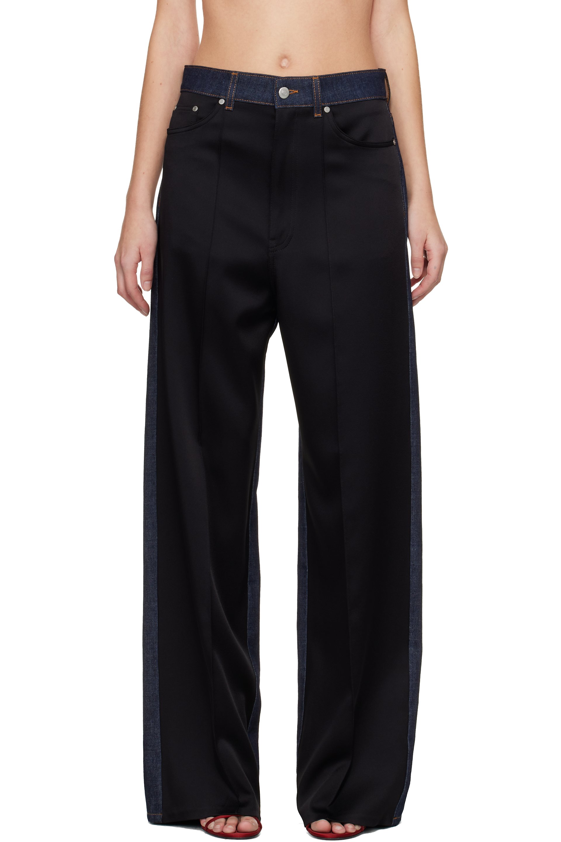 Stella McCartney: Navy & Black Wide-Leg Satin-Panel Jeans | SSENSE