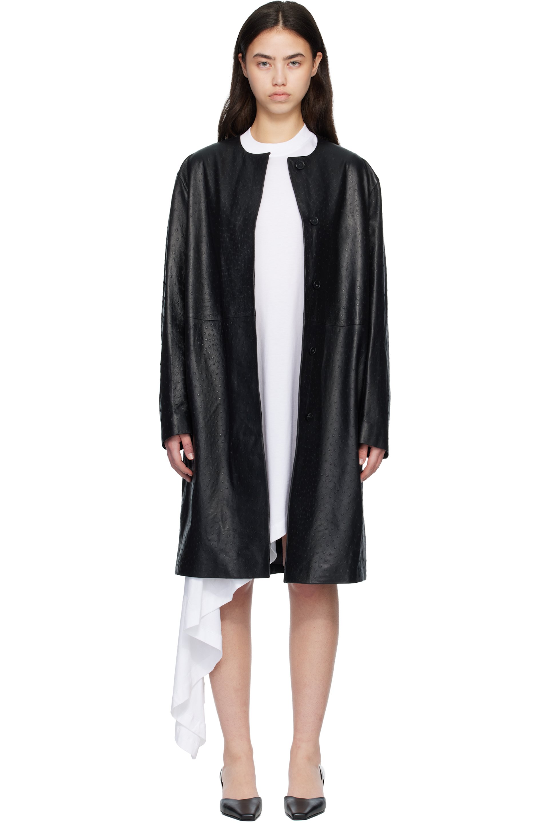 Loulou de Saison - Black YARI Ostrich-Effect Leather Coat