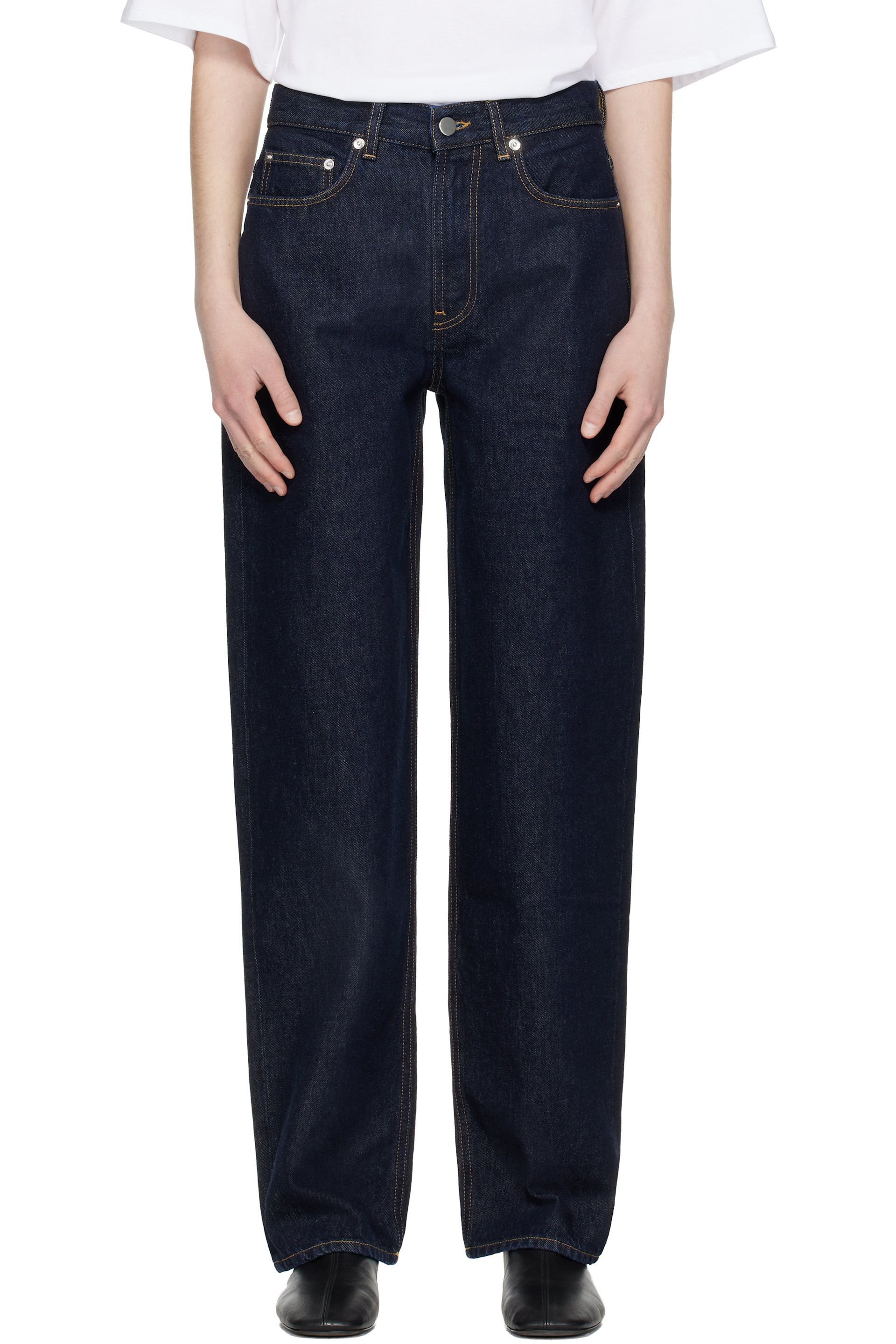 Loulou de Saison - Jean boyfriend Samur bleu marine en coton bio à logo