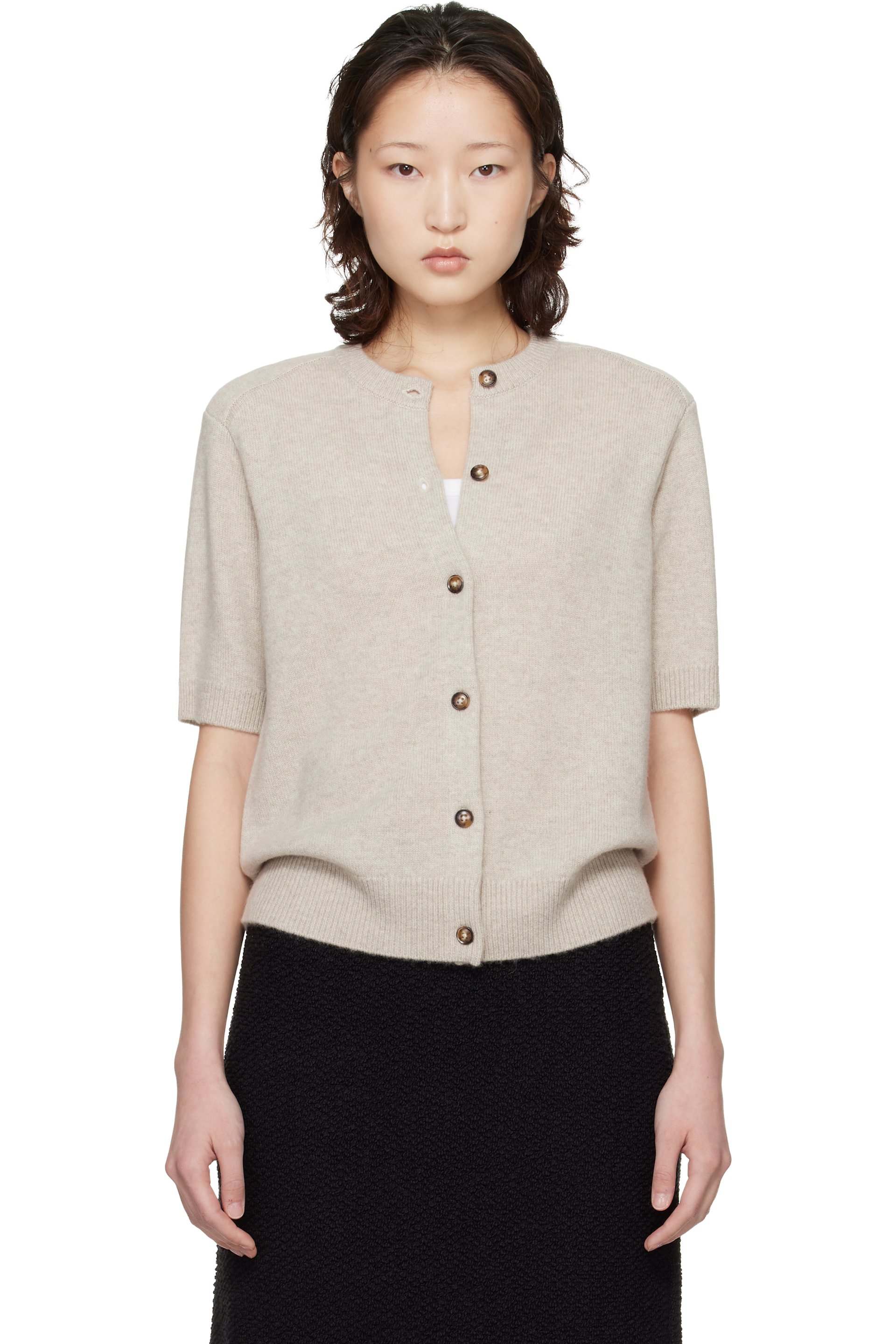 Loulou de Saison - Cardigan à manches courtes Jodi beige en cachemire
