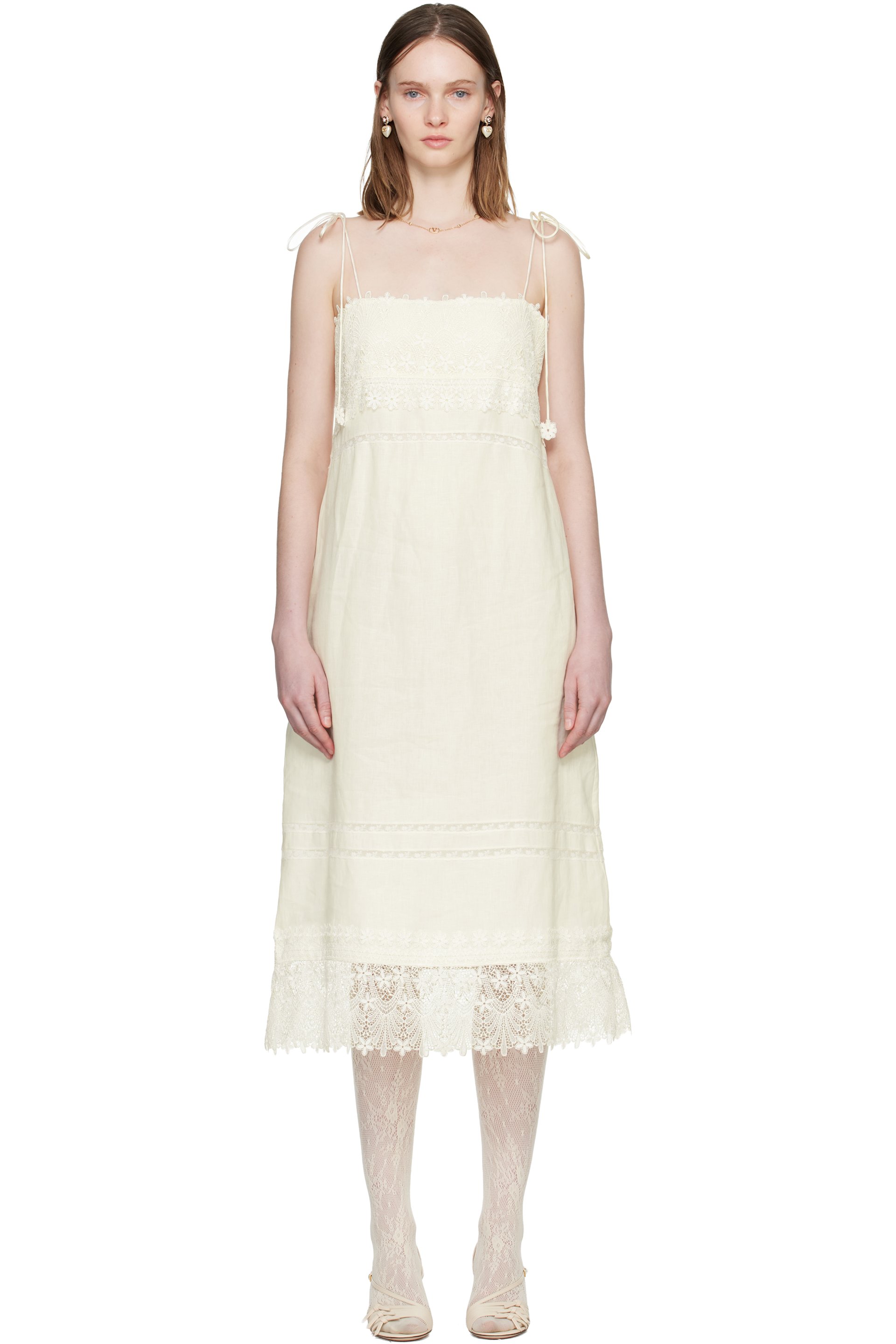 Valentino - Robe midi blanc cassé en lin
