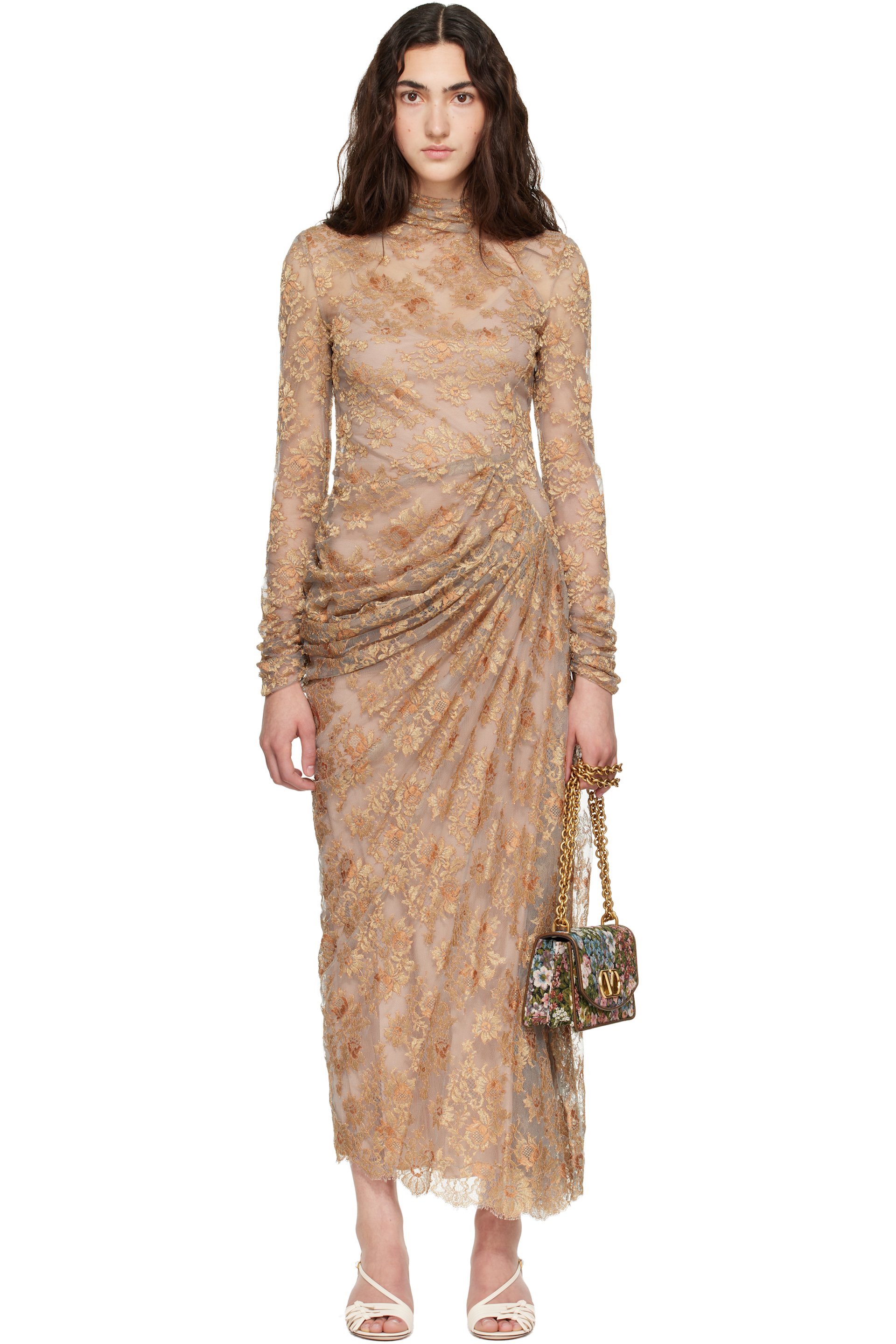 Valentino - Robe longue beige à broderies florales
