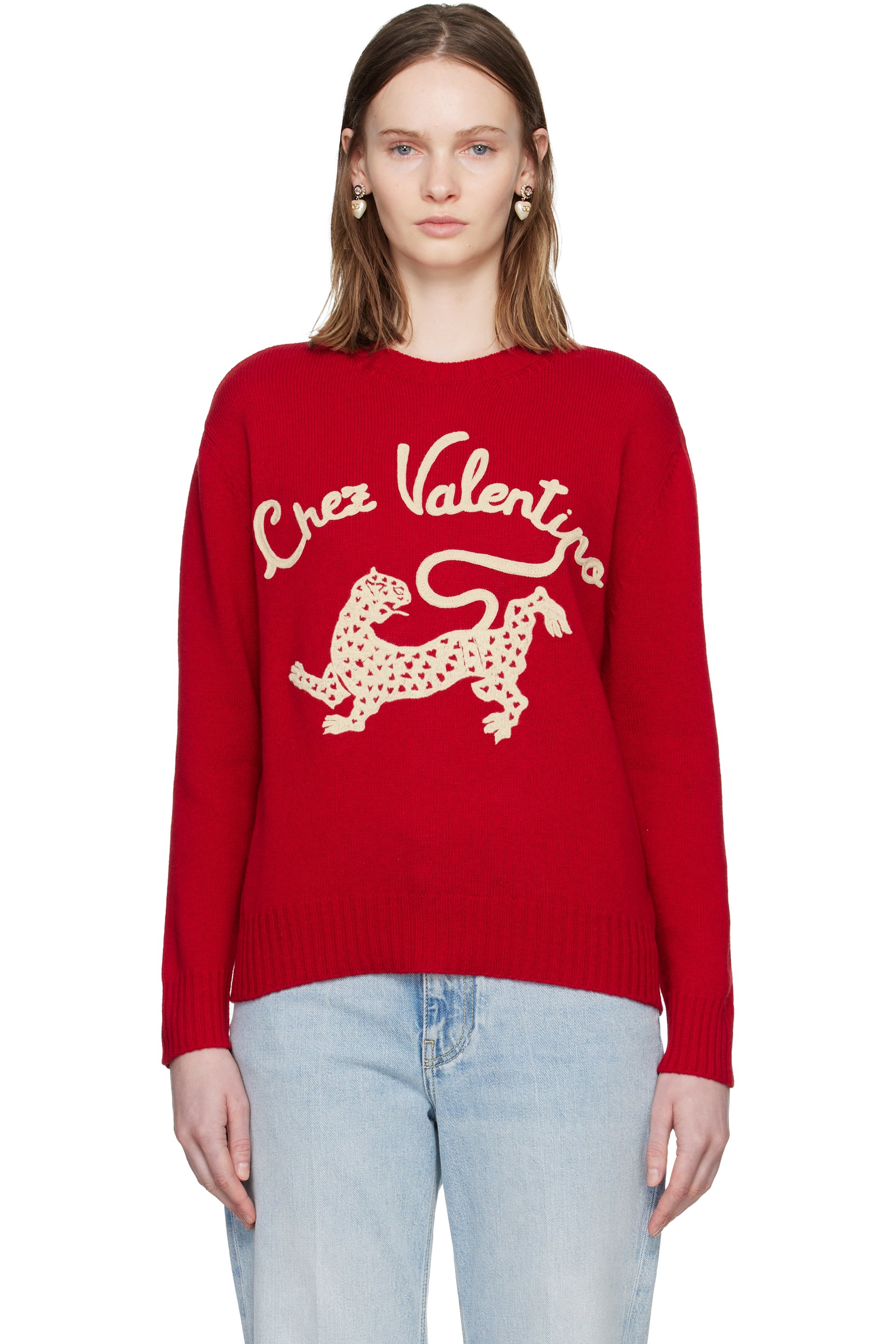 Valentino - Pull 'Chez Valentino' rouge en laine à image de panthère