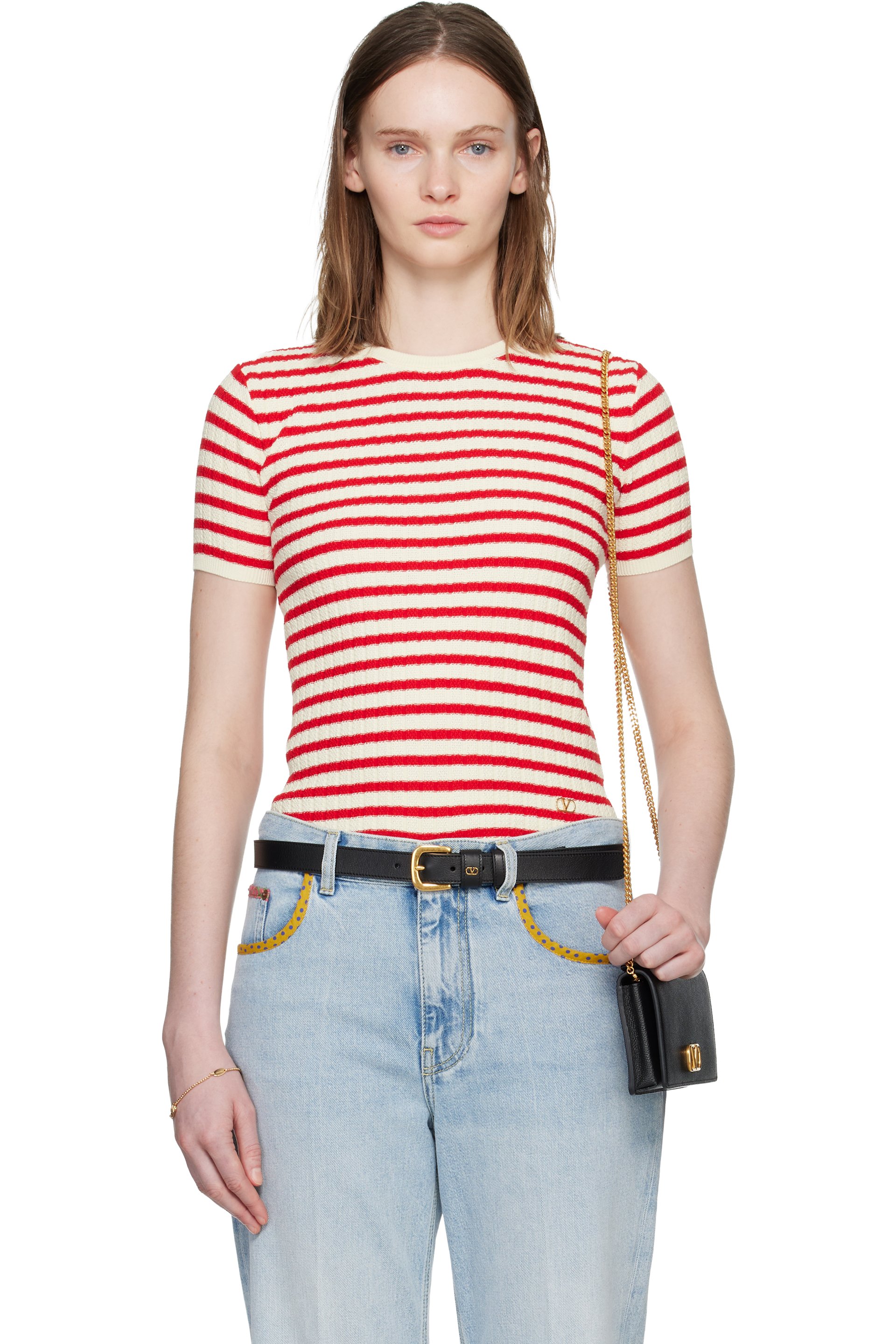 Valentino - Pull à manches courtes rouge et blanc en tricot à rayures
