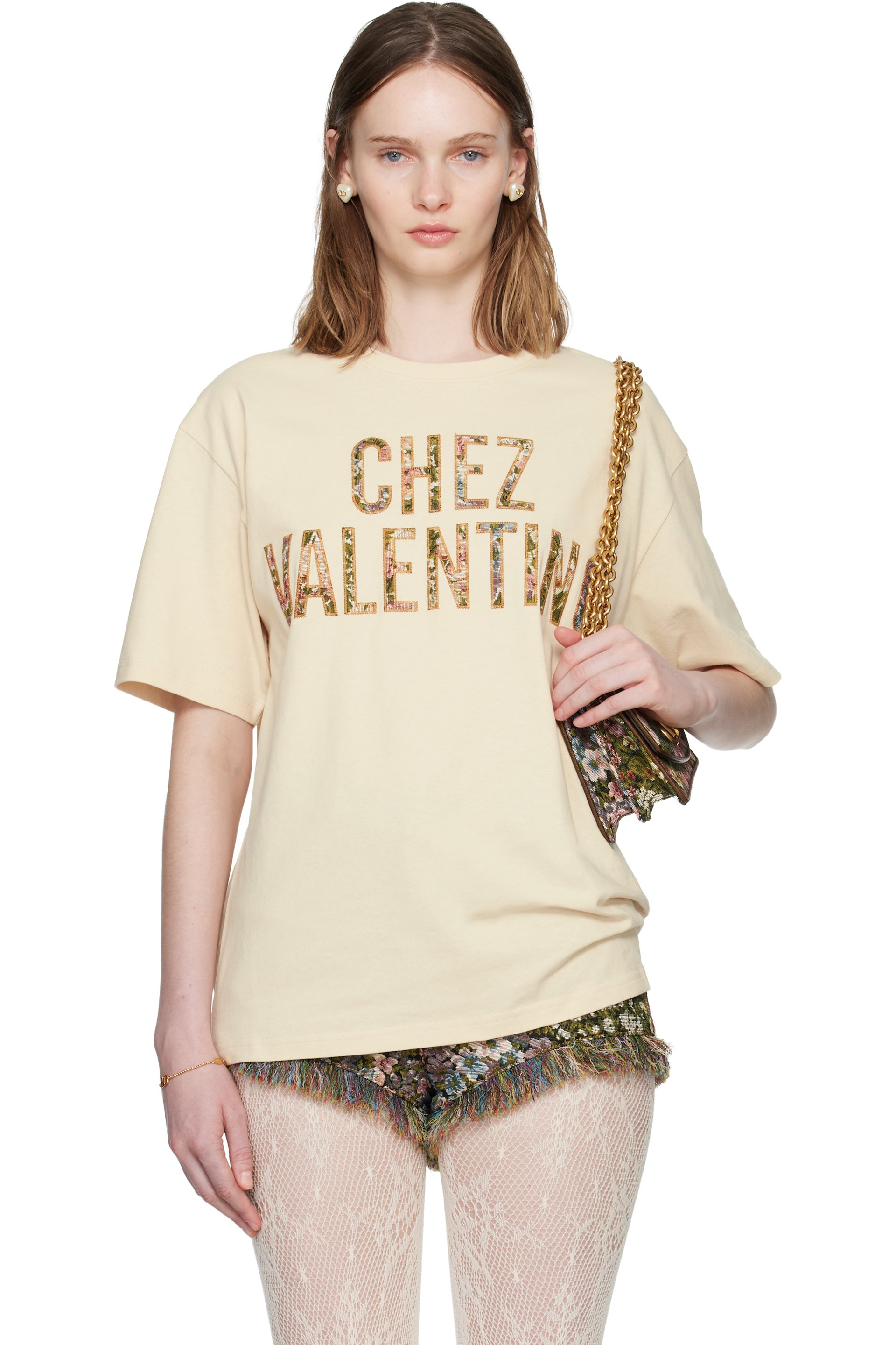 Valentino - T-shirt beige en coton à logo brodé