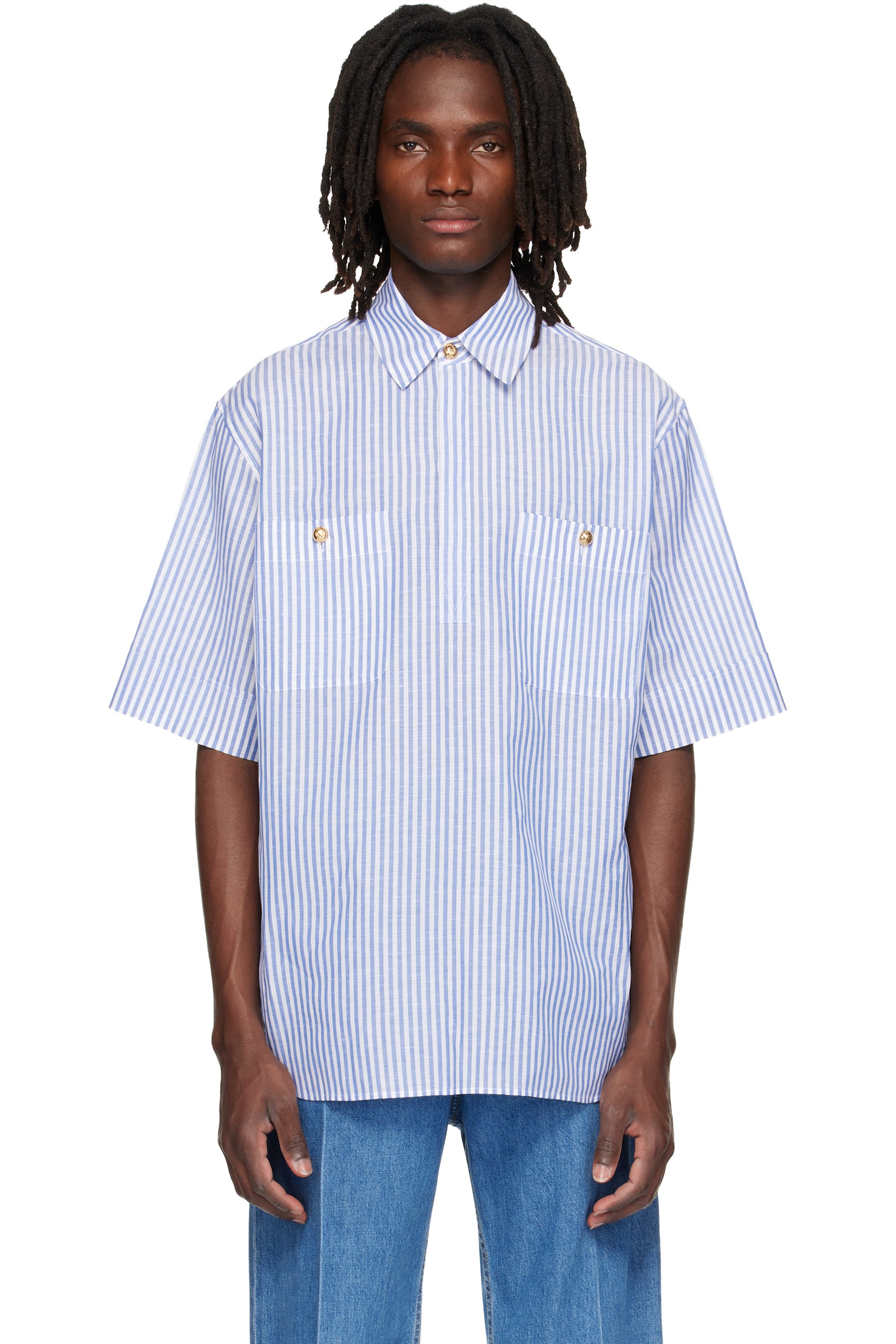 Valentino - Chemise bleu et blanc en coton et en lin à rayures
