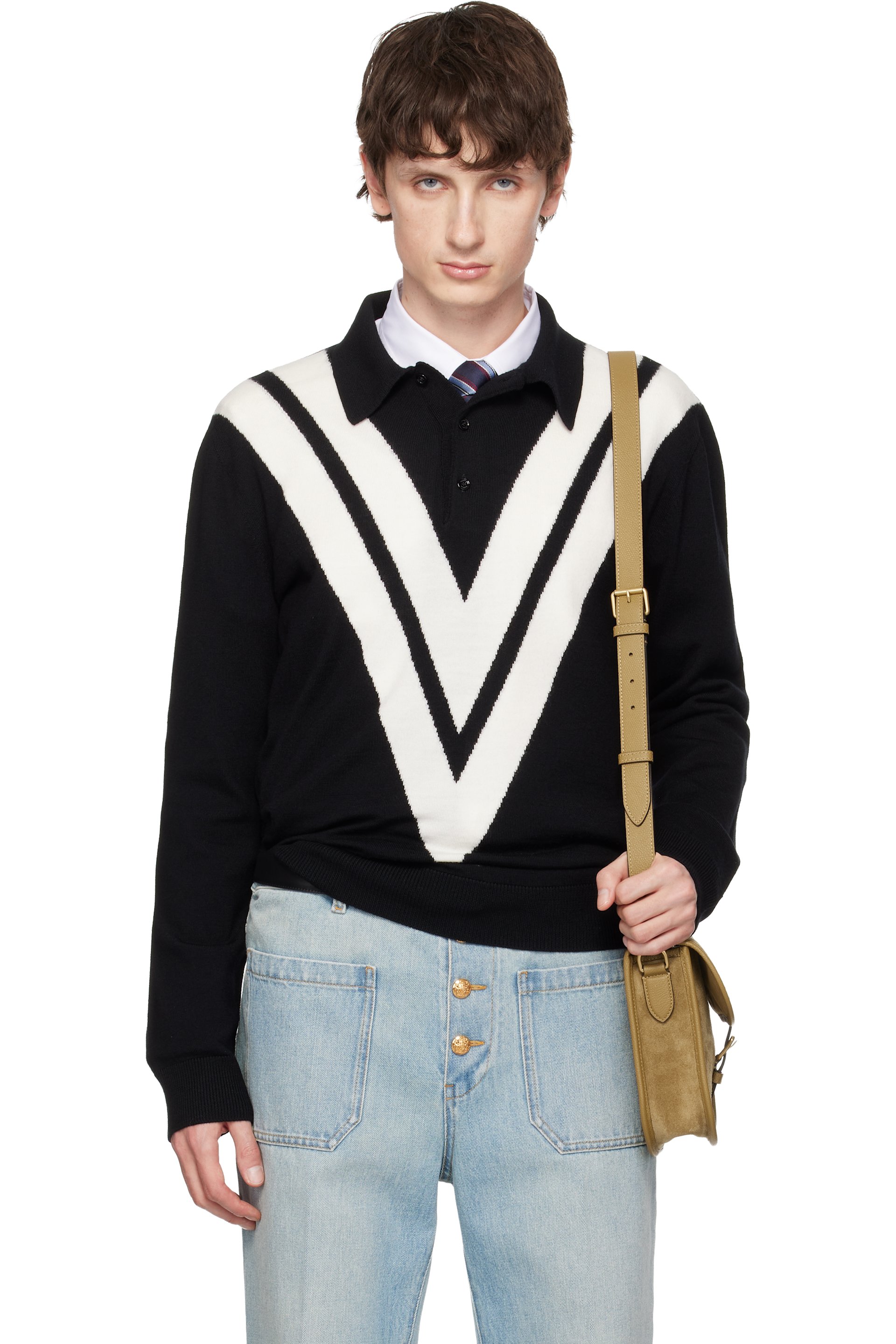 Valentino - Black Knit Wool Logo Polo