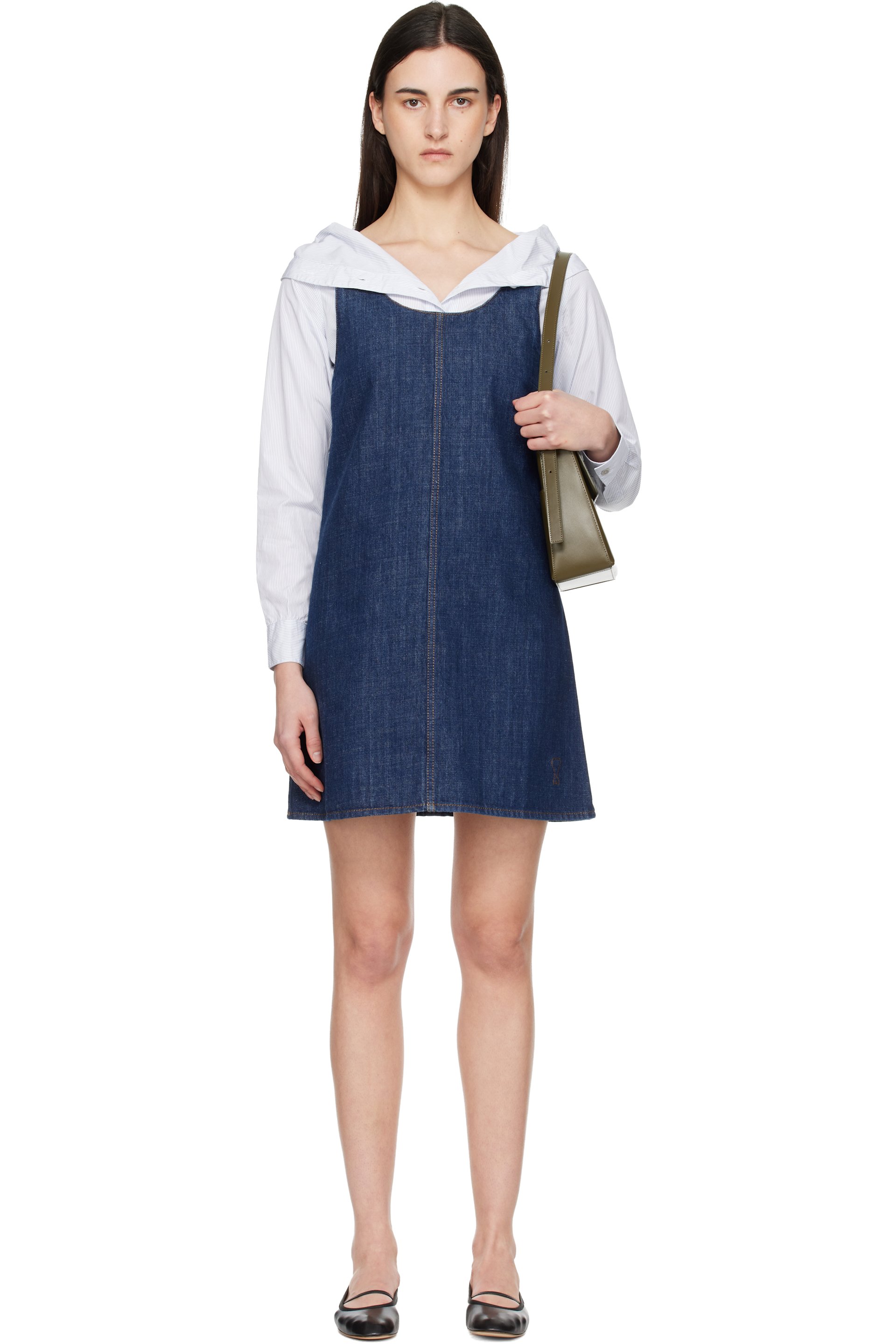 medals on dress blue alphas Belkis organic cotton midi dress with ruffled gathers and flared blue jeans