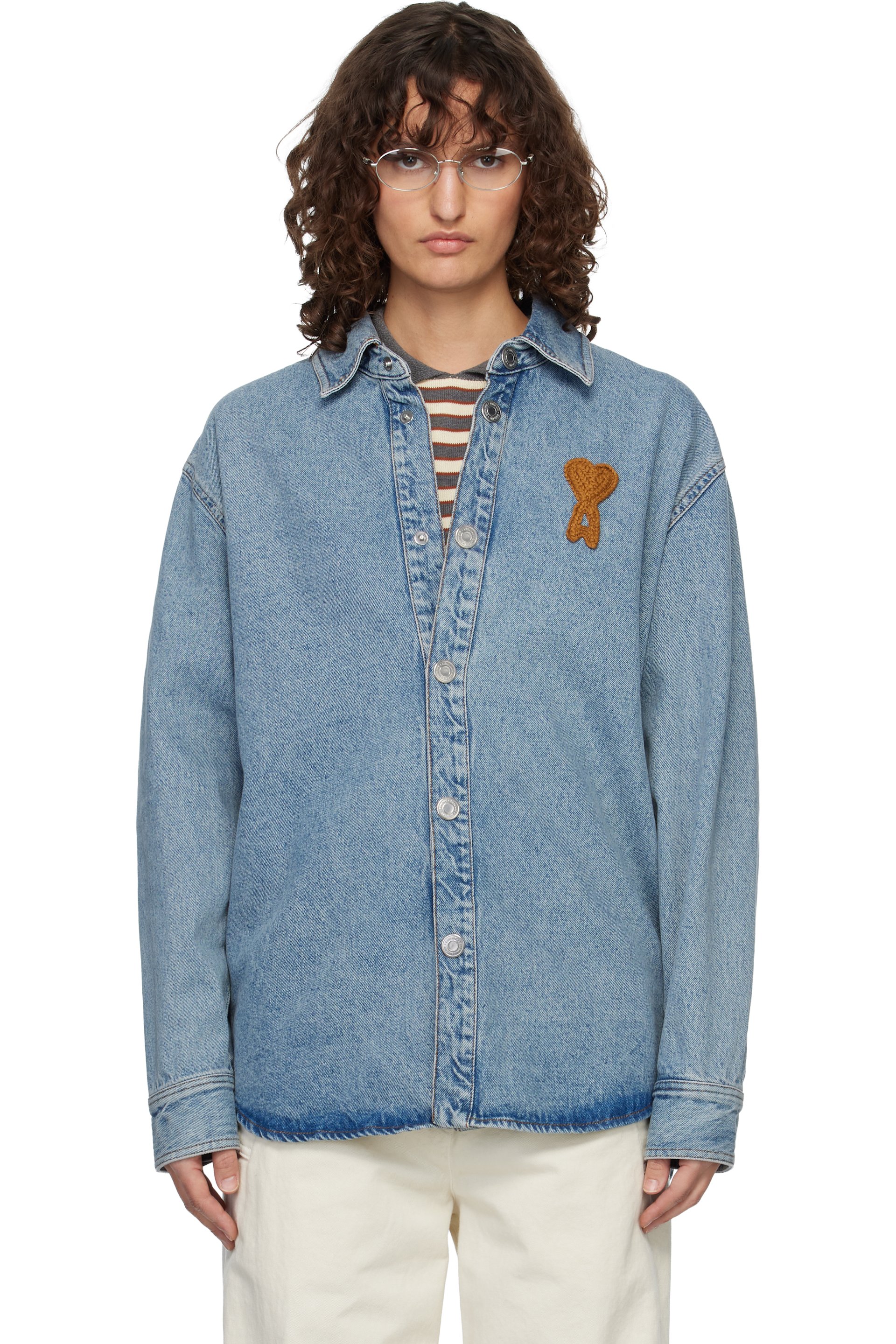 AMI Paris - Blue Cotton Knitted Ami de Coeur Denim Overshirt
