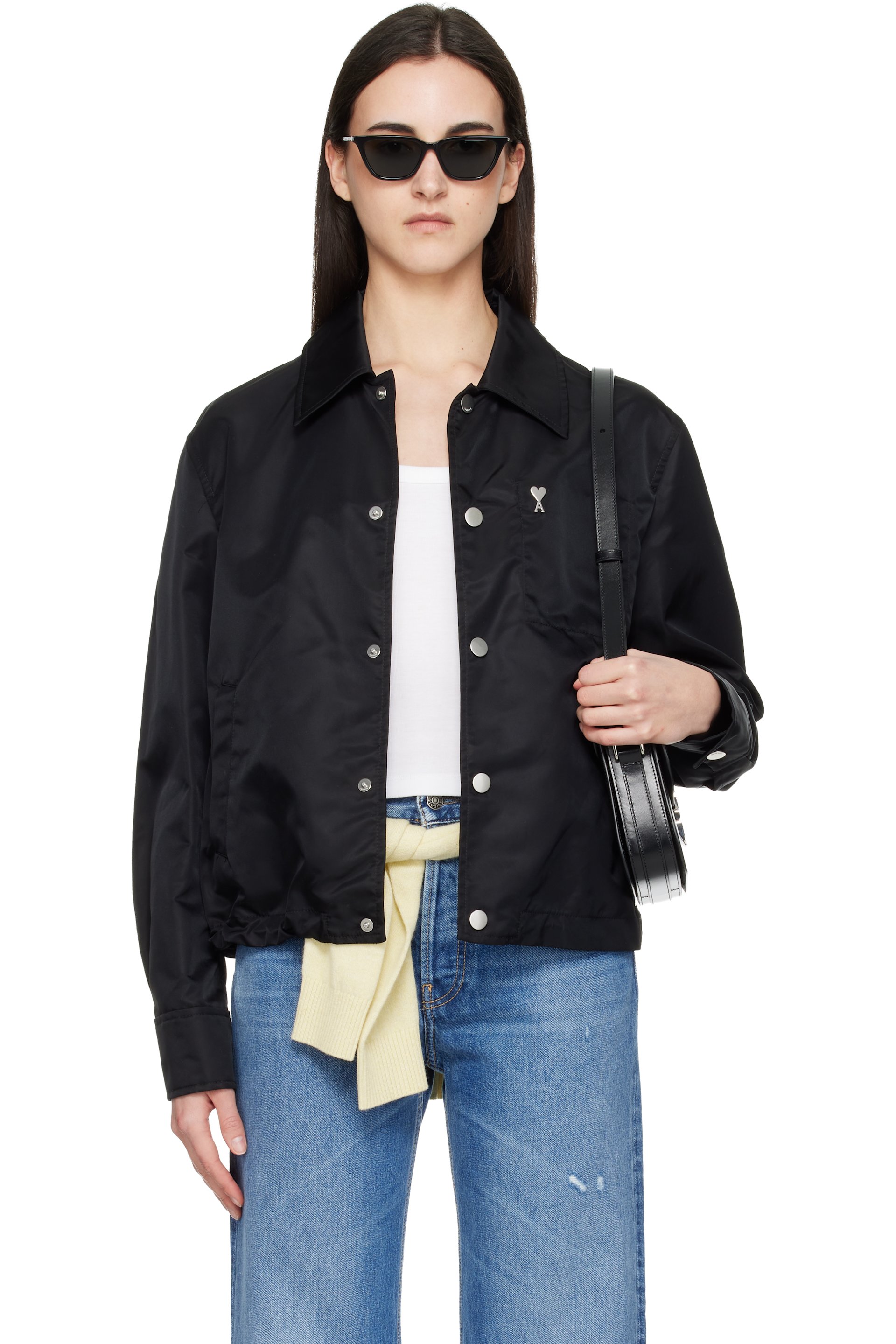 AMI Paris - Blouson noir en nylon à boutons et à ferrure à logo Ami de cœur
