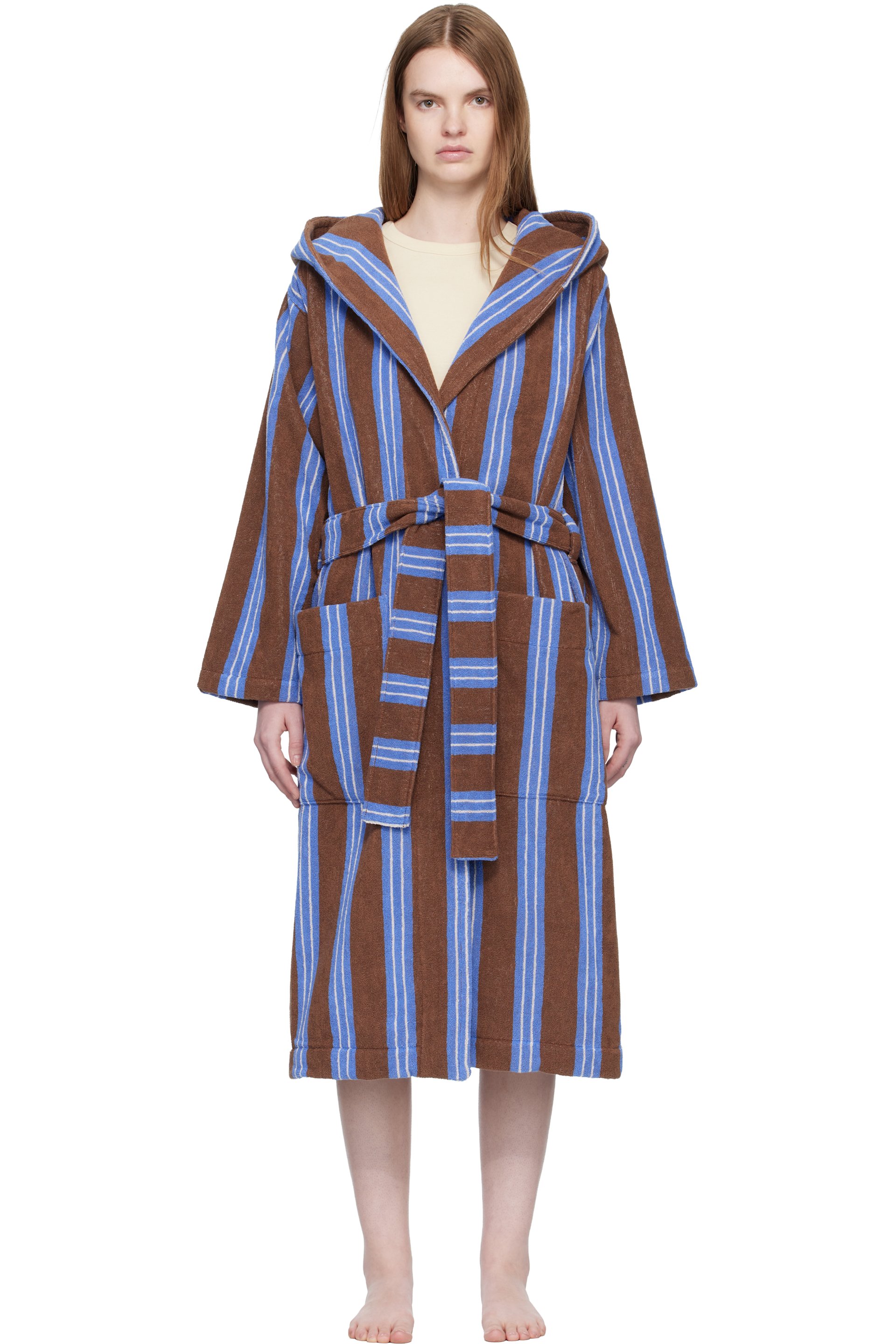 Tekla - Brown & Blue Terry Hooded Bathrobe