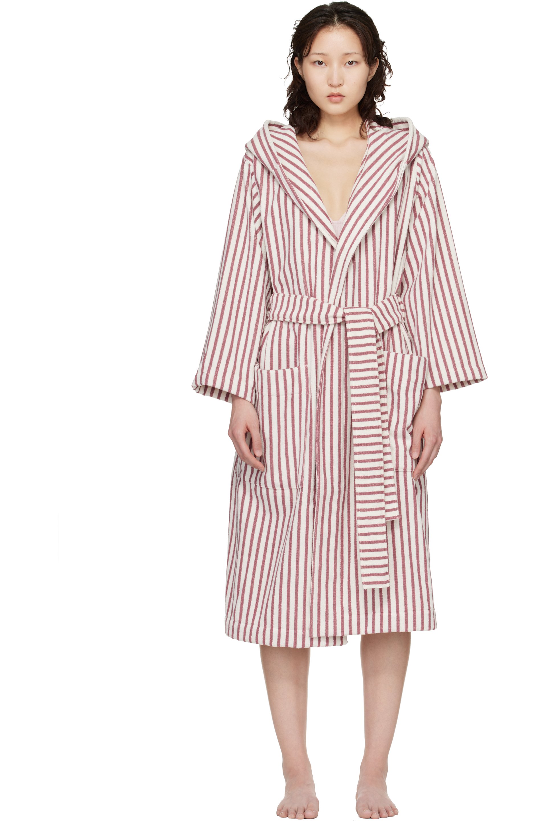 Tekla - White & Red Terry Hooded Bathrobe
