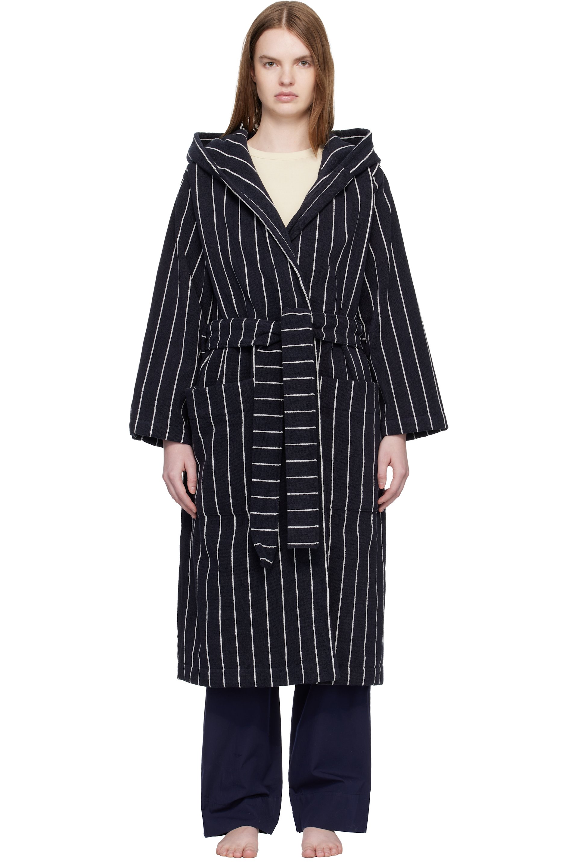 Tekla - Black & White Terry Hooded Bathrobe