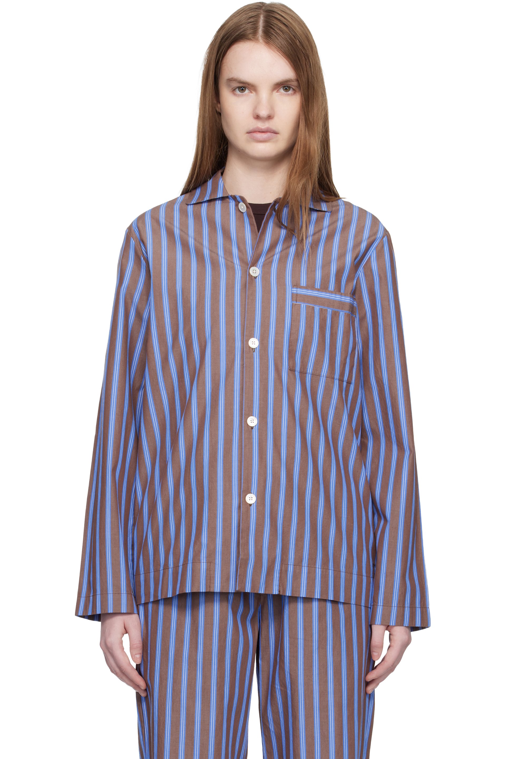 Tekla - Brown & Blue Poplin Long-Sleeved Pyjama Shirt