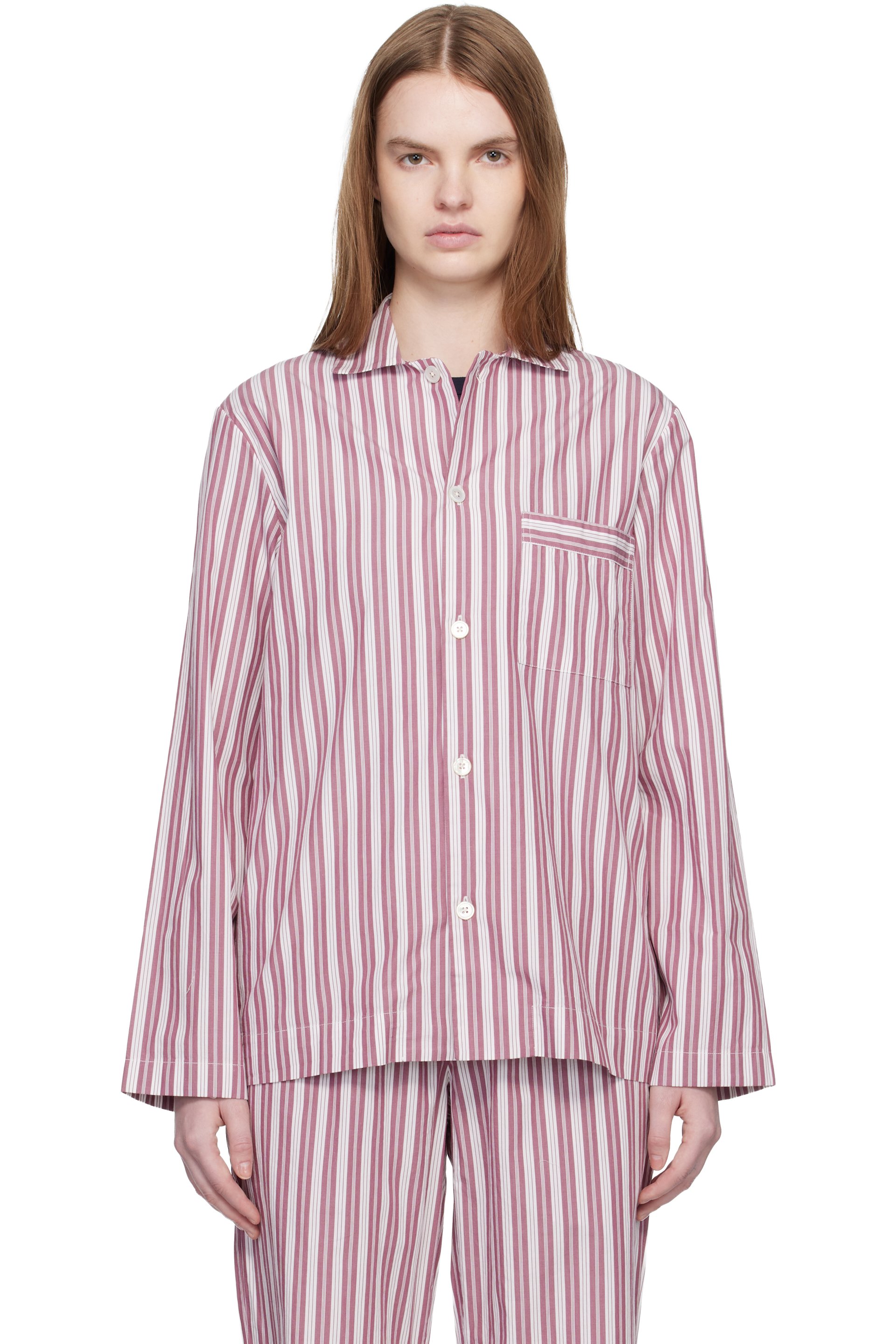 Tekla - Pink & Off-White Poplin Long-Sleeved Pyjama Shirt