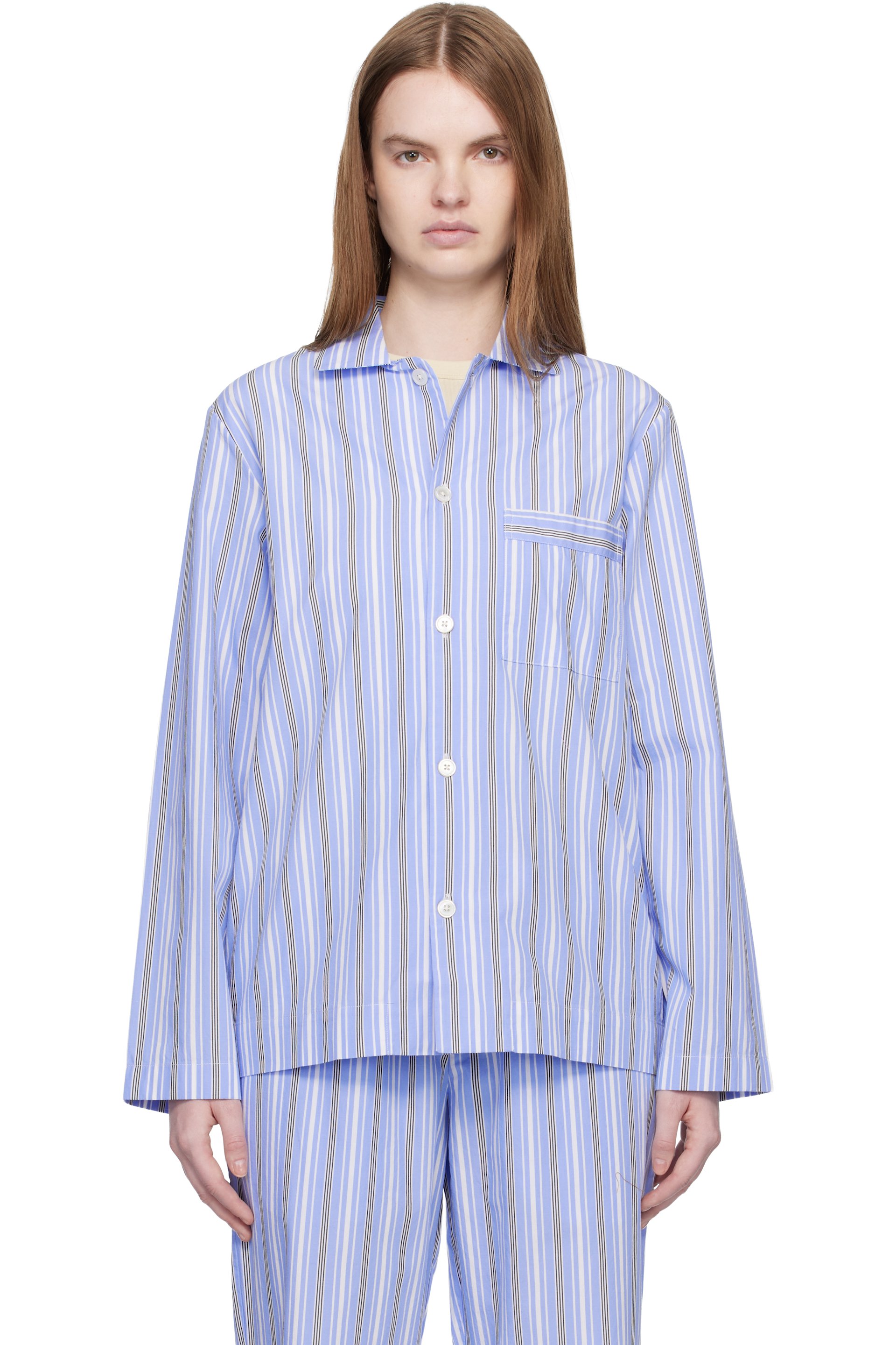 Tekla - Blue & White Poplin Long-Sleeved Pyjama Shirt