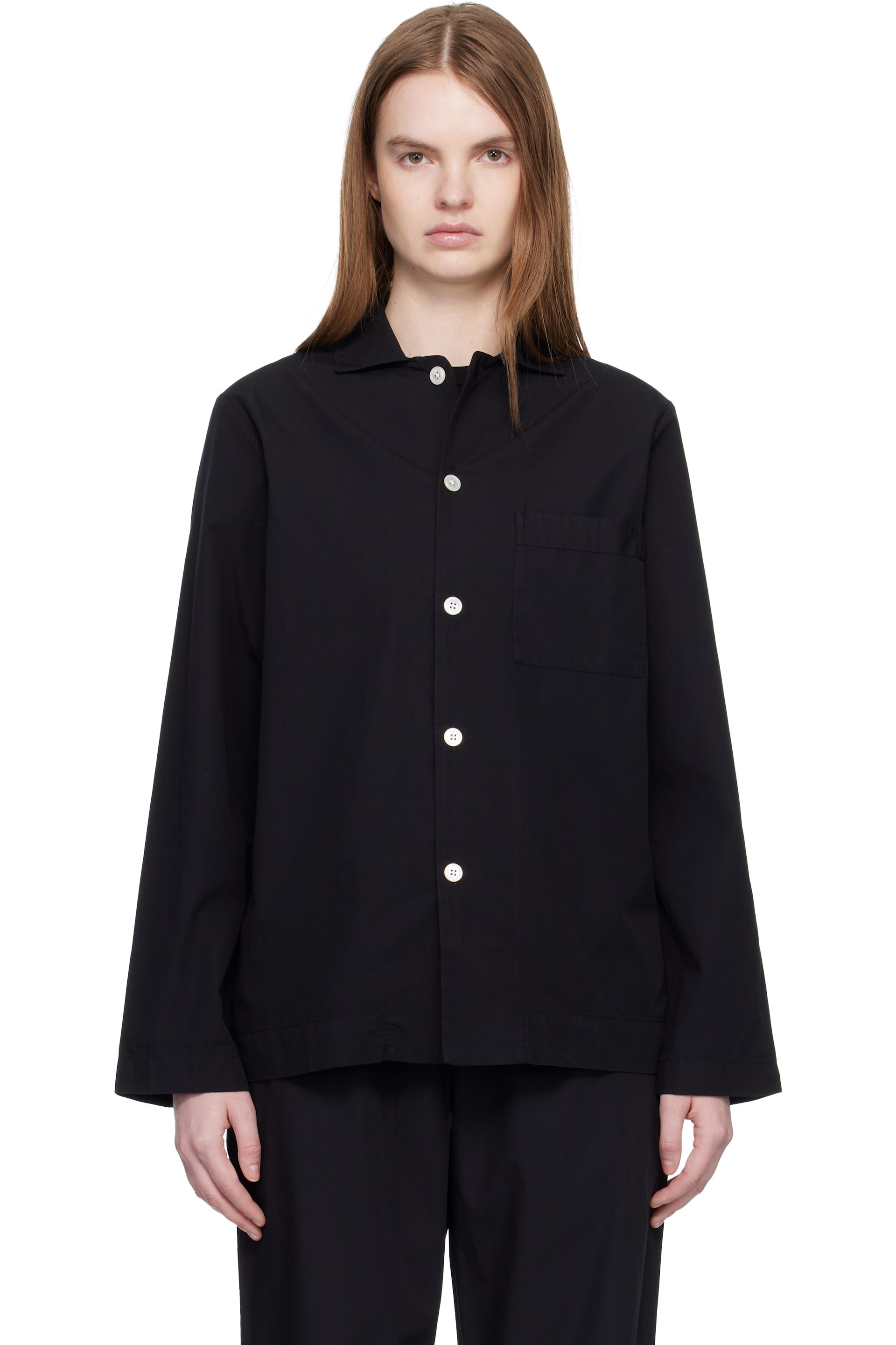 Tekla - Black Poplin Long-Sleeved Pyjama Shirt