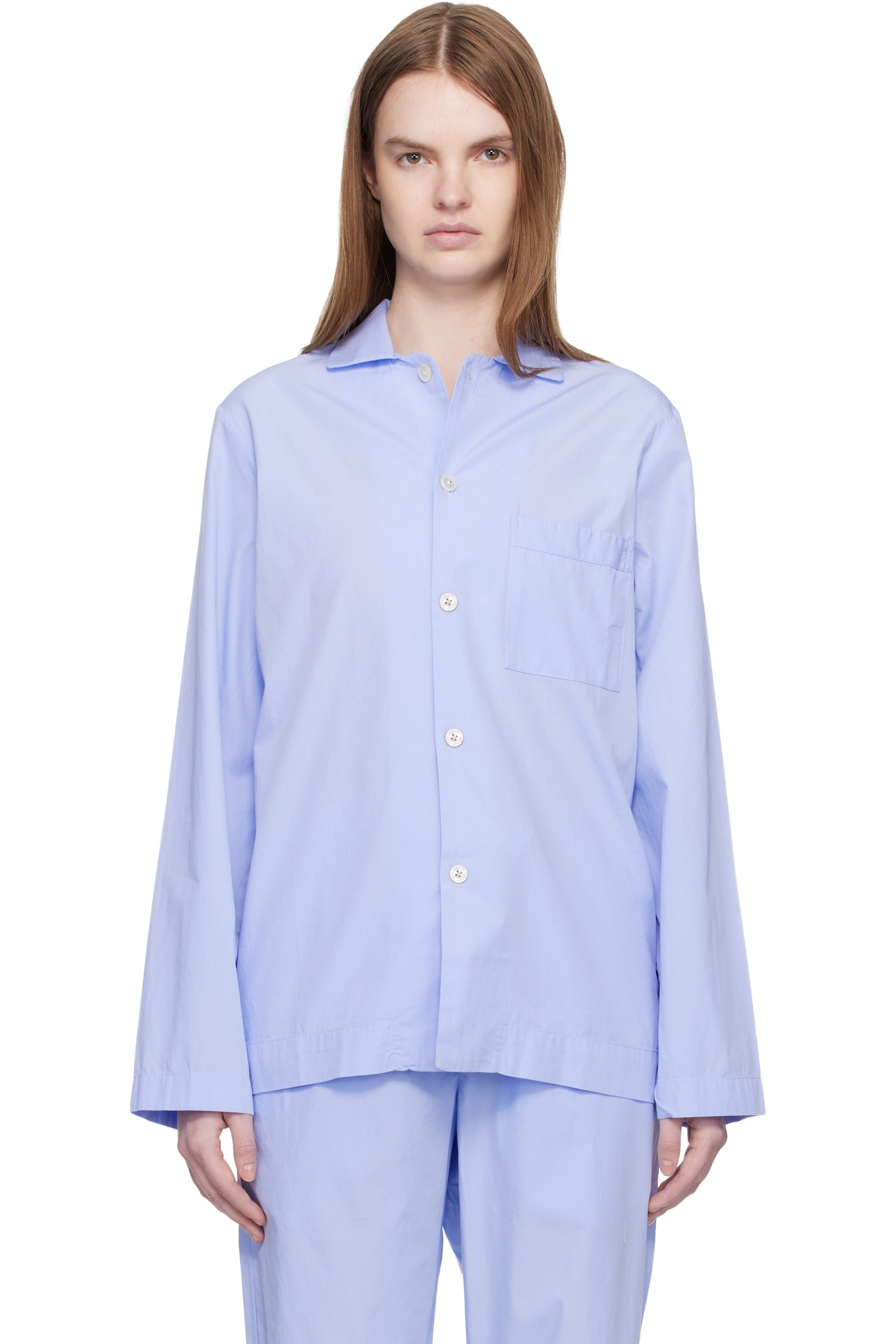 Tekla - Blue Poplin Long-Sleeved Pyjama Shirt