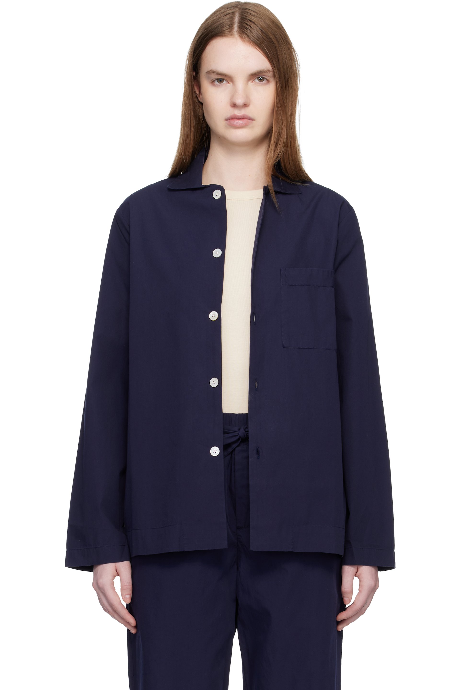 Tekla - Navy Poplin Long-Sleeved Pyjama Shirt