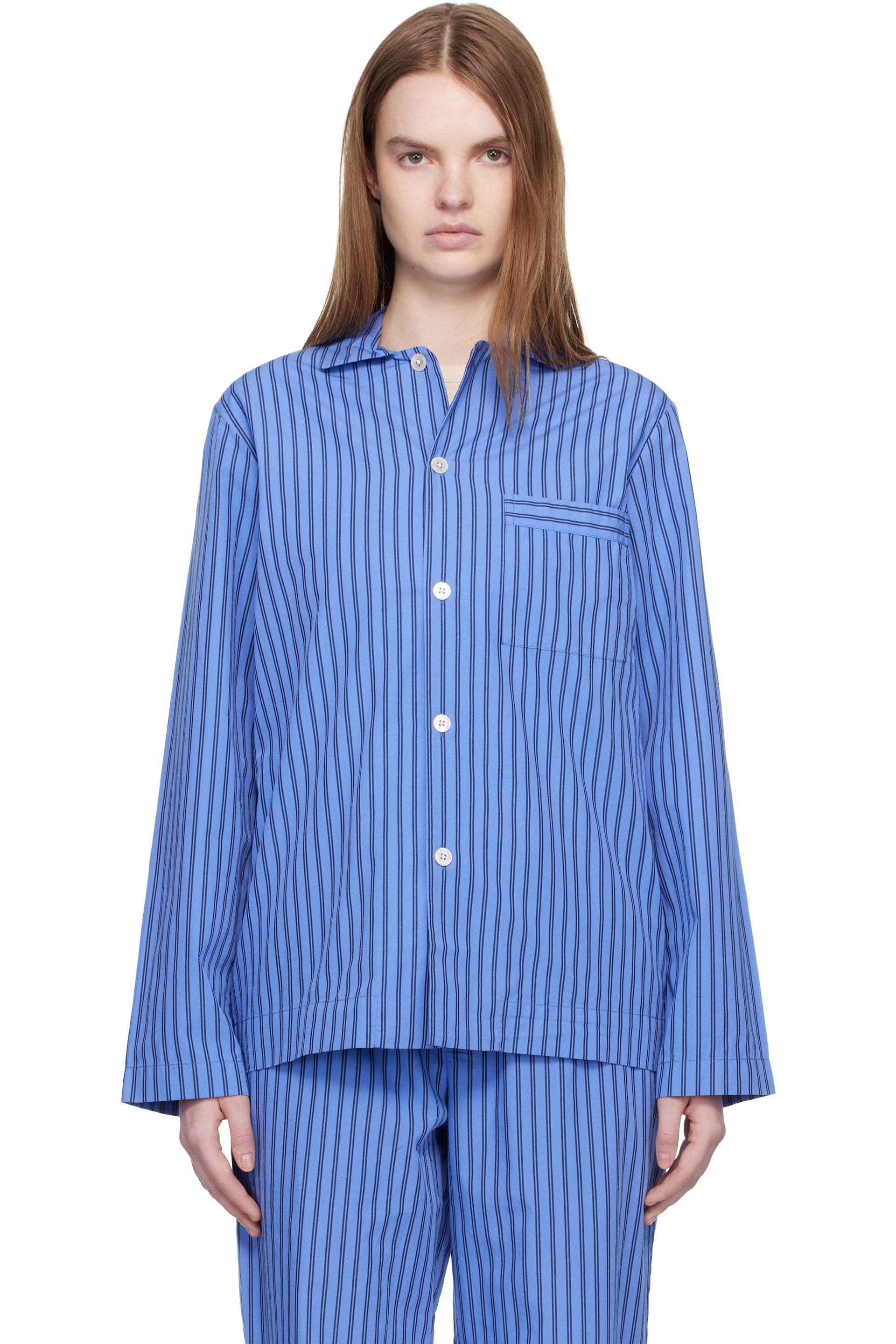 Tekla - Blue Poplin Long-Sleeved Pyjama Shirt