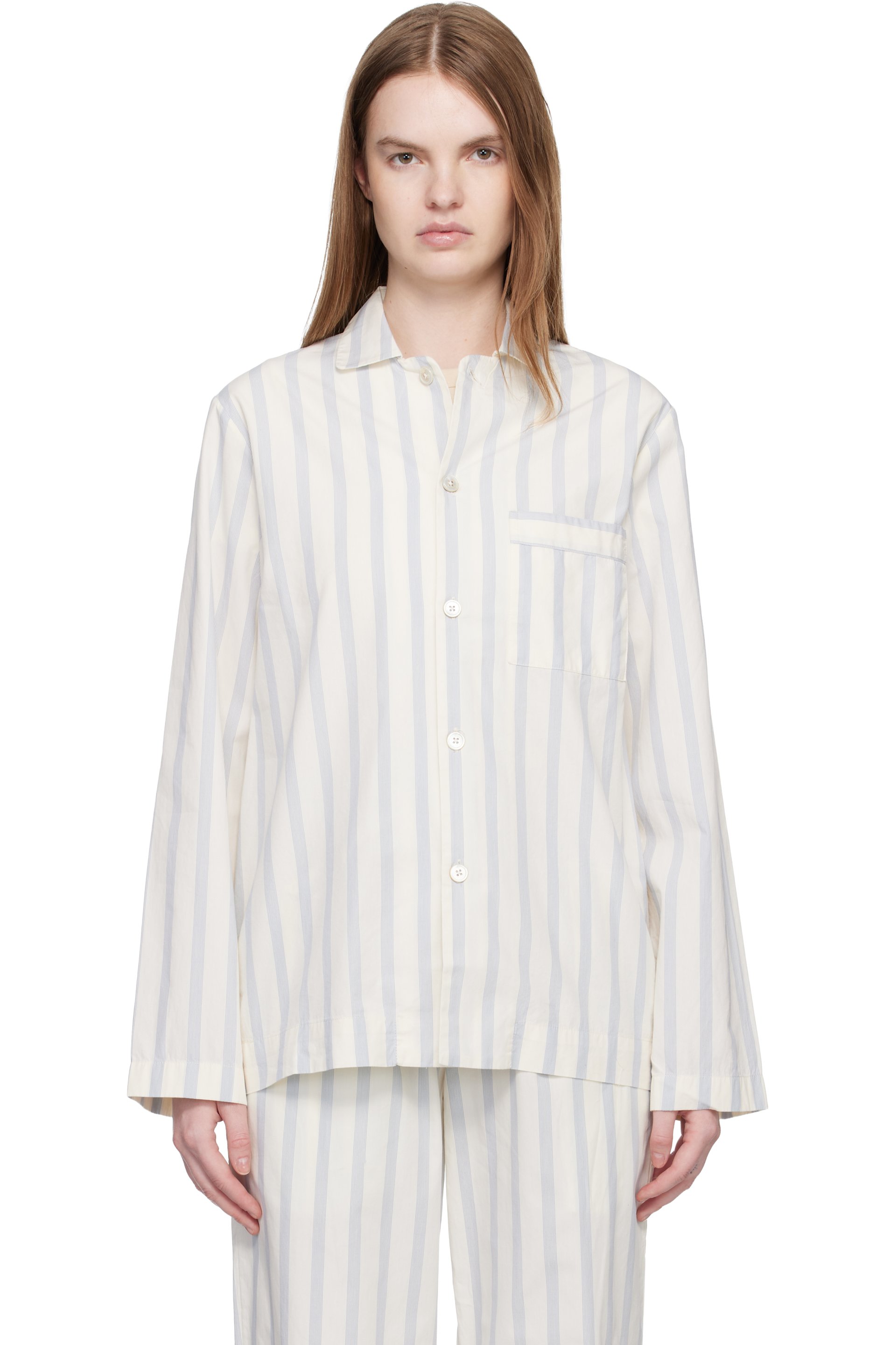 Tekla - Off-White & Blue Poplin Long-Sleeved Pyjama Shirt