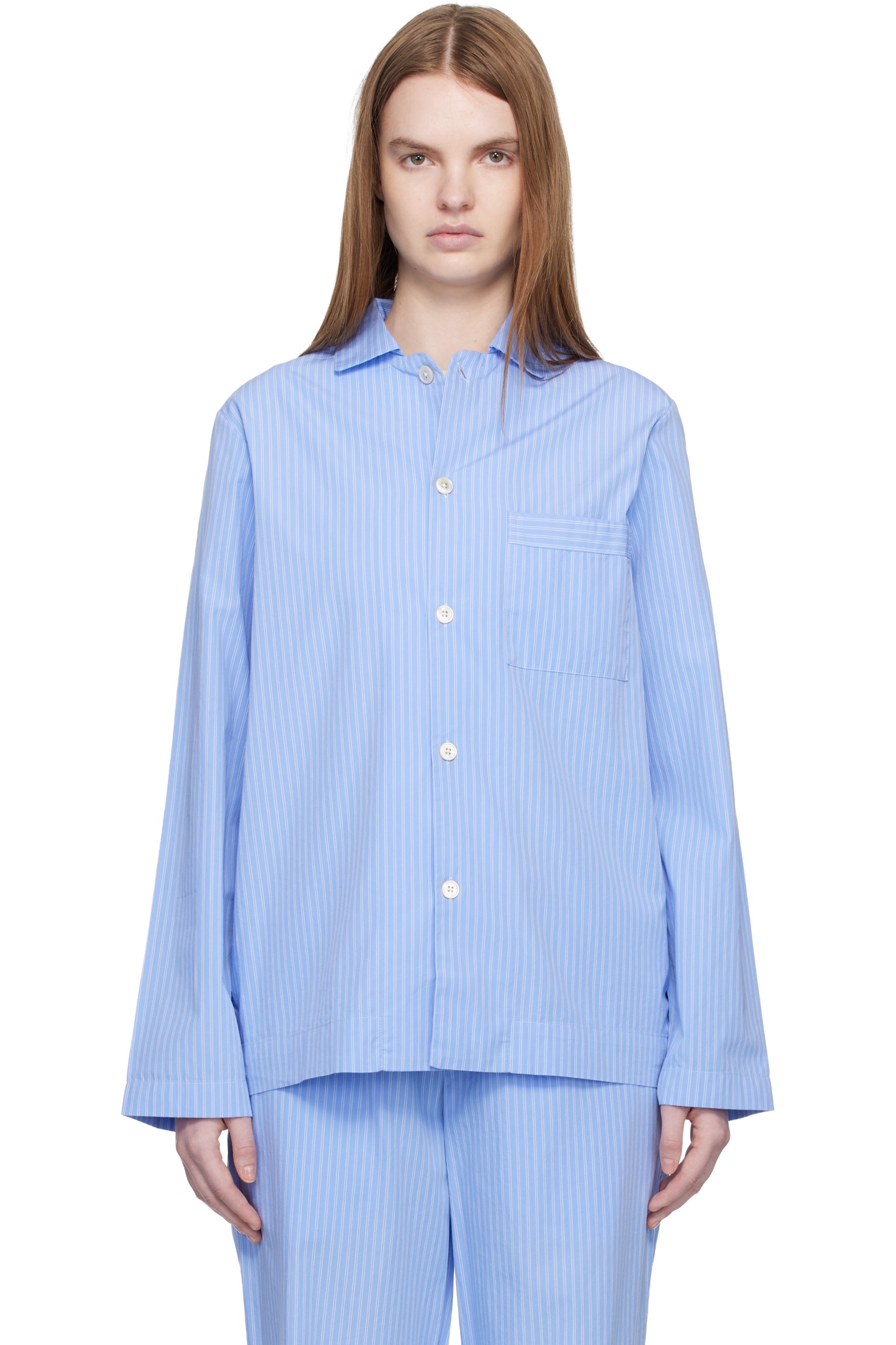 Tekla - Blue Poplin Long-Sleeved Pyjama Shirt