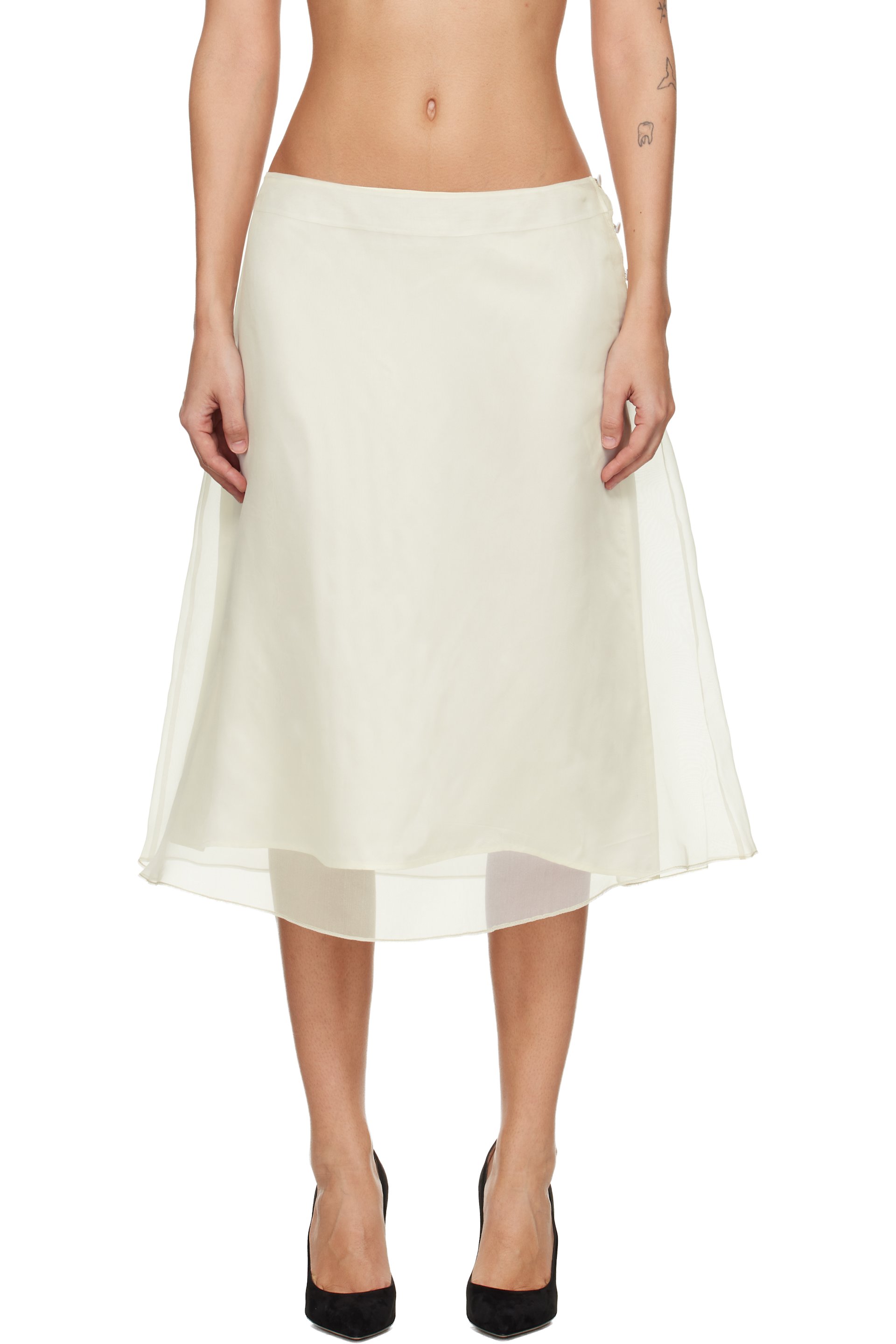 AMI Paris - Off-White Silk Sheer Trapeze Midi Skirt