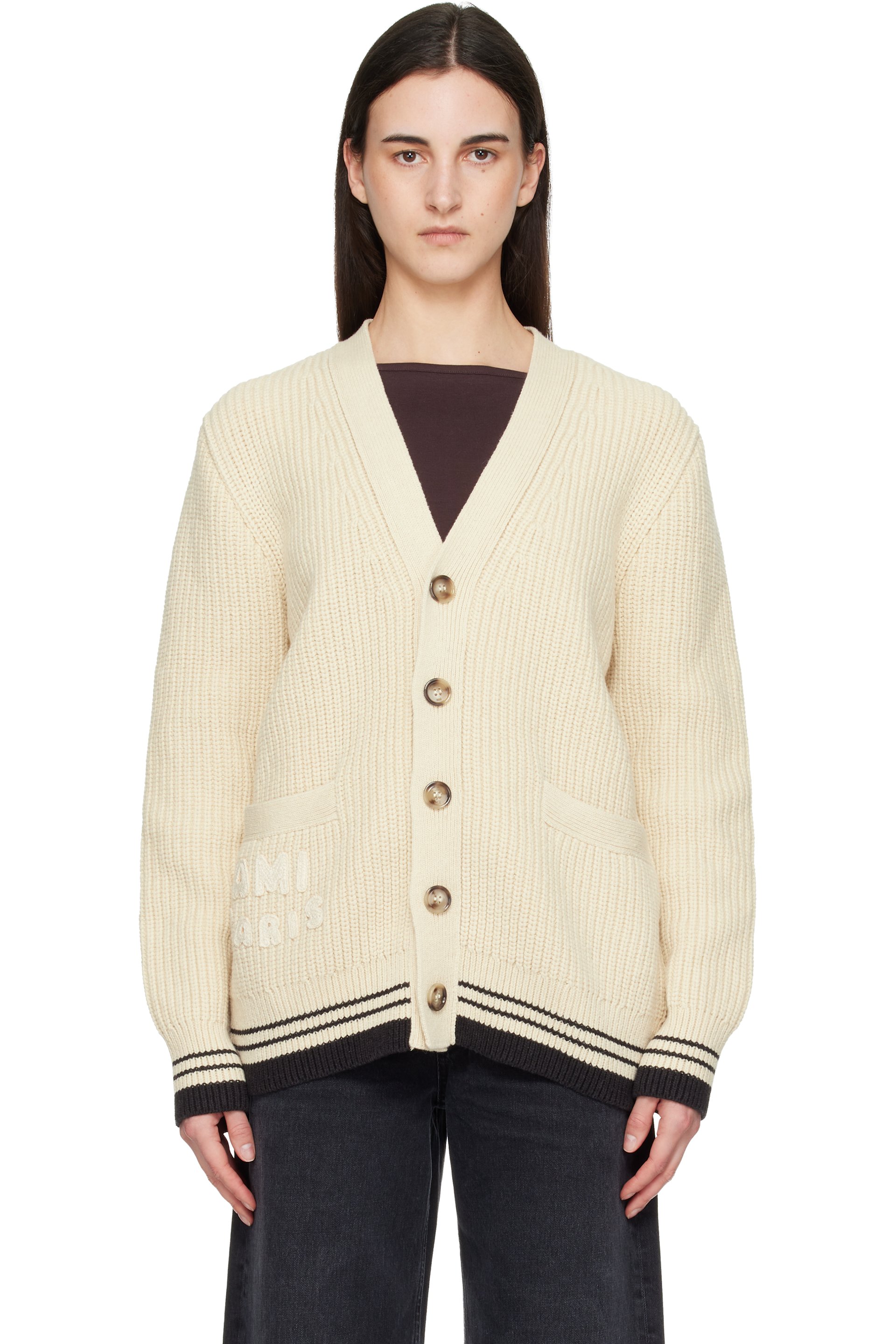 AMI Paris - Cardigan blanc cassé à appliqué à logo