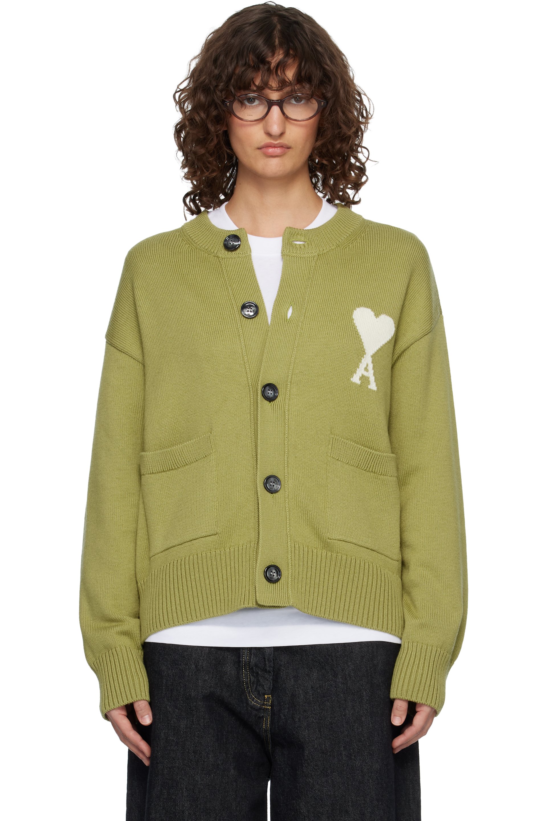 AMI Paris - Cardigan vert en laine à logo Ami de cœur et à col ras du cou