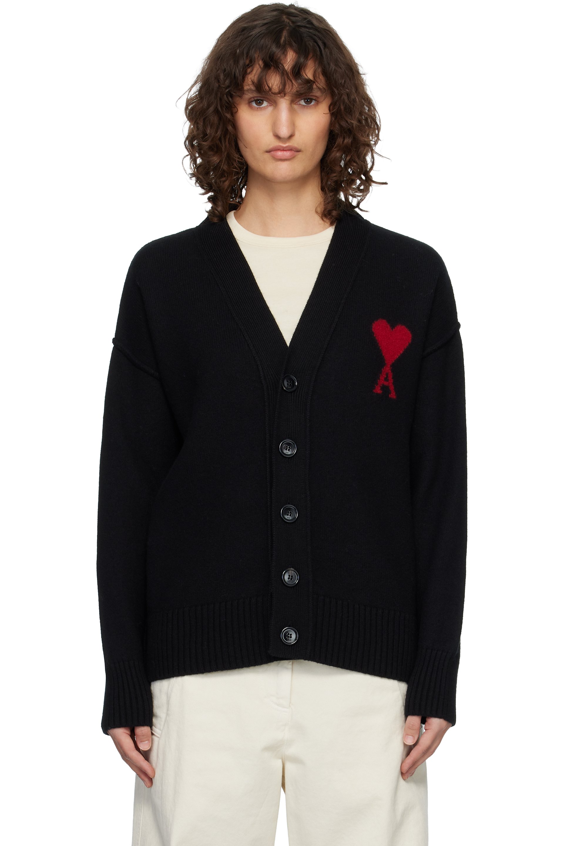 AMI Paris - Cardigan noir en laine à logo Ami de cœur