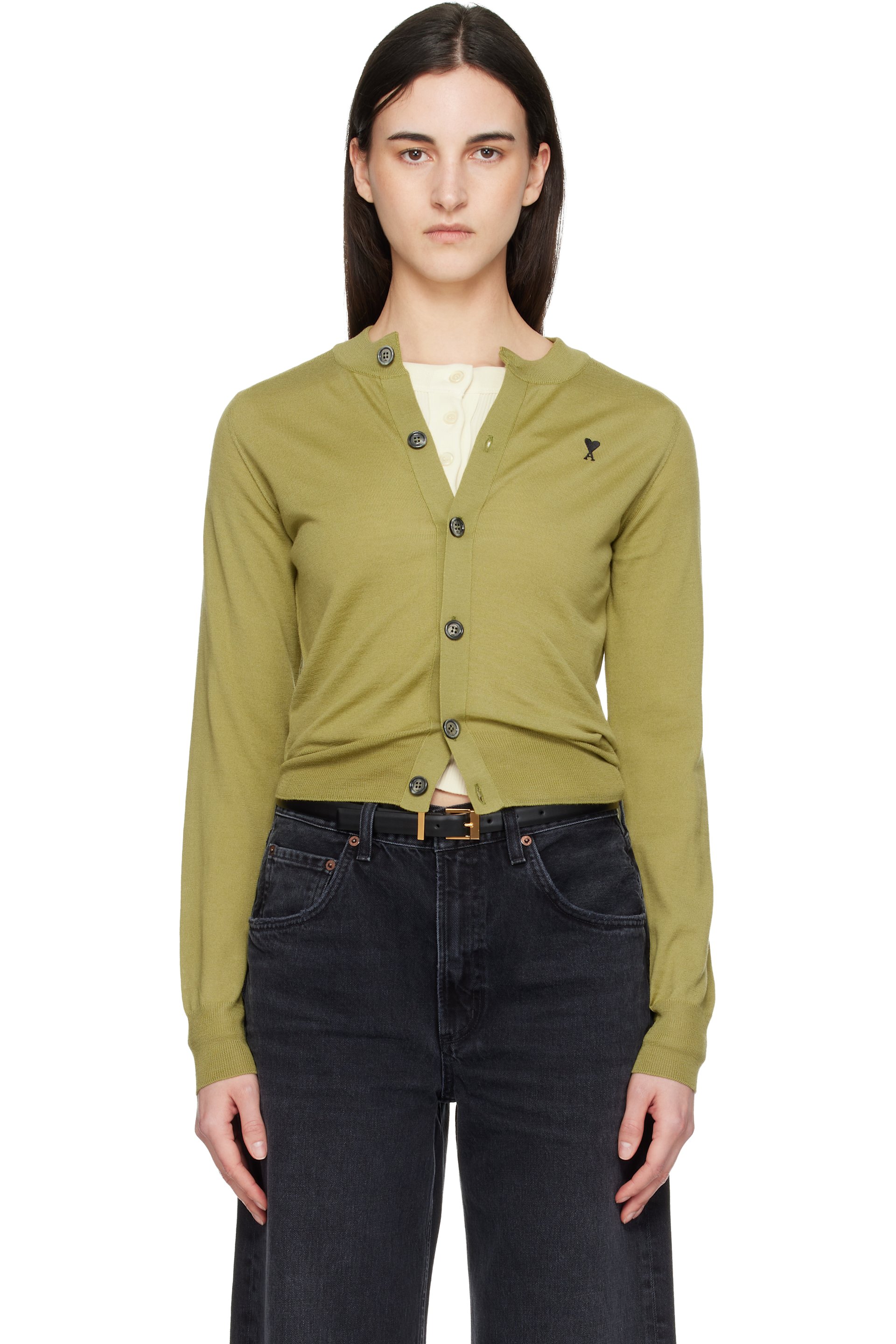 AMI Paris - Cardigan vert en laine à logo Ami de cœur et à col ras du cou