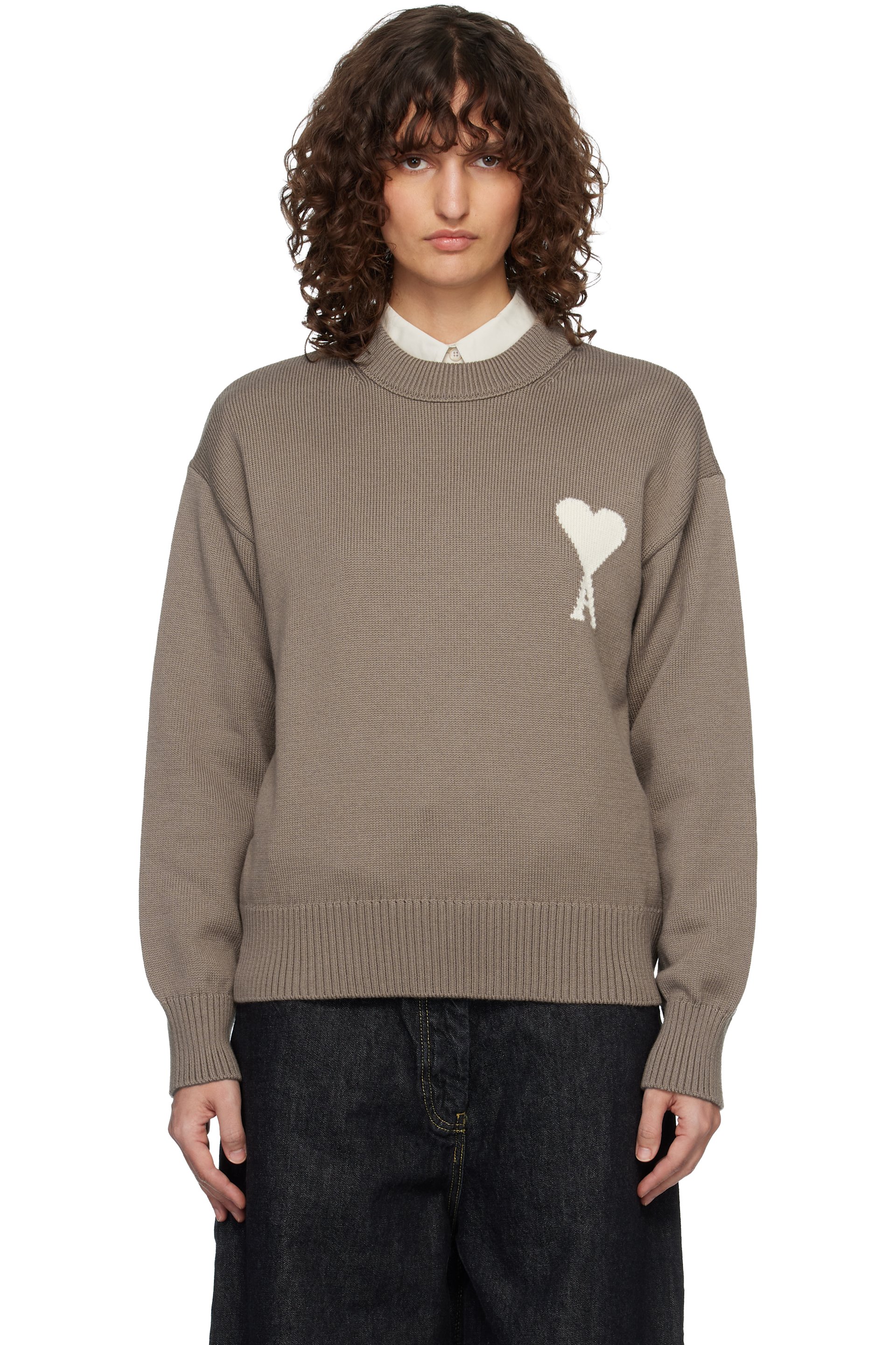 AMI Paris - Pull taupe en laine et coton à logo Ami de cœur