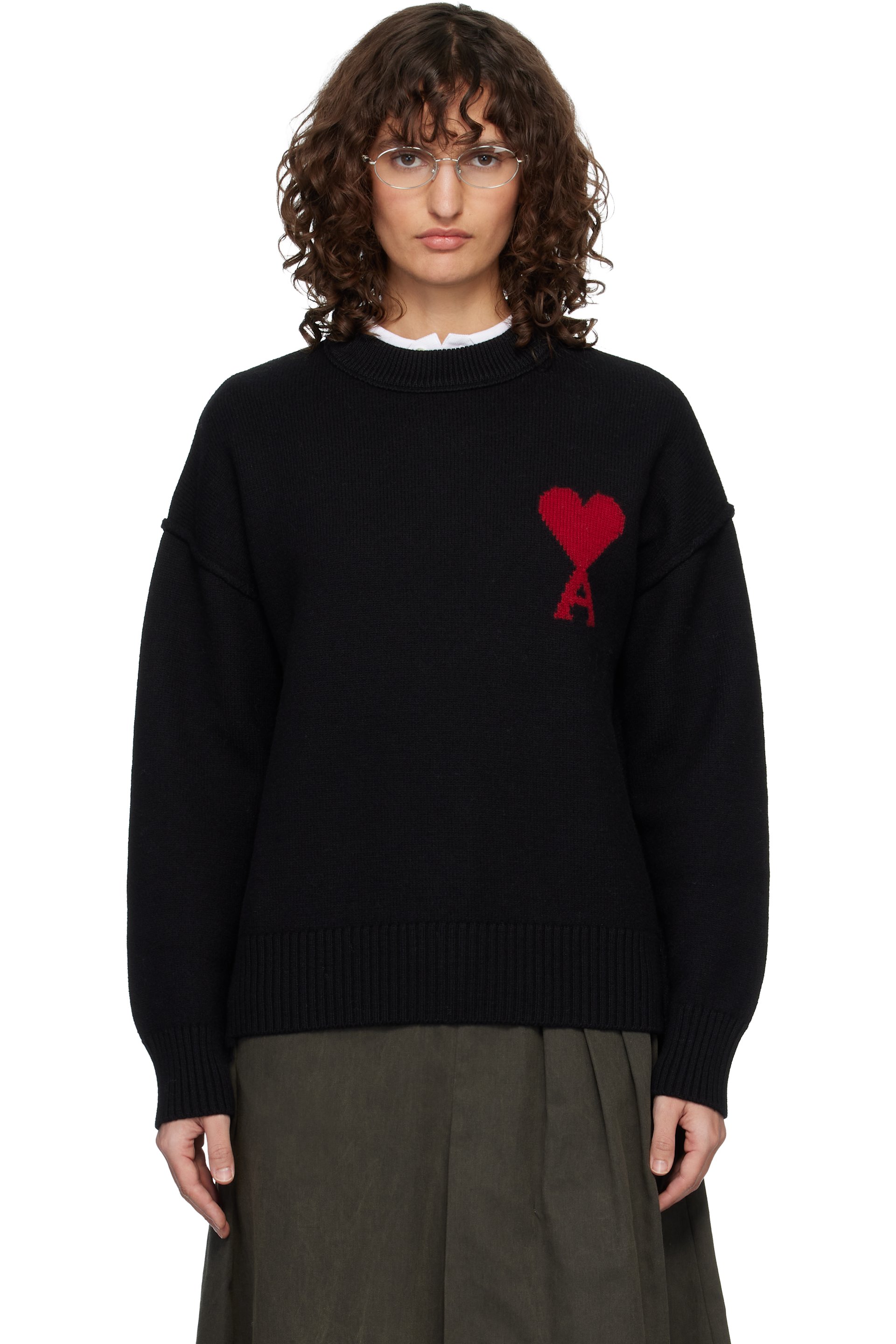 AMI Paris: Black Wool Crewneck Ami de Coeur Sweater | SSENSE Canada